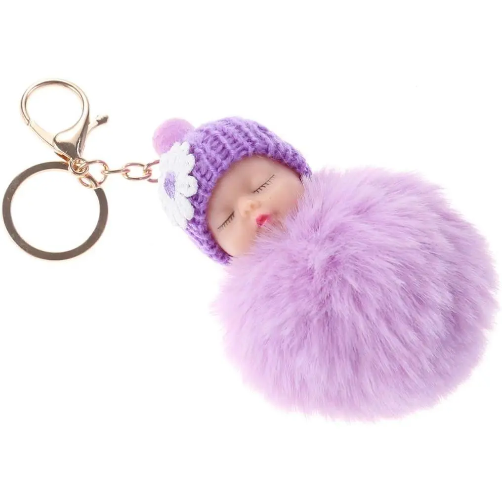 Cute Fluffy Sleeping Baby Doll Pom Pom Keychain, Women's Car Keyring, Wallet-Bag-Phone Pendant Charm, Purple New Model, No Warning Applicable