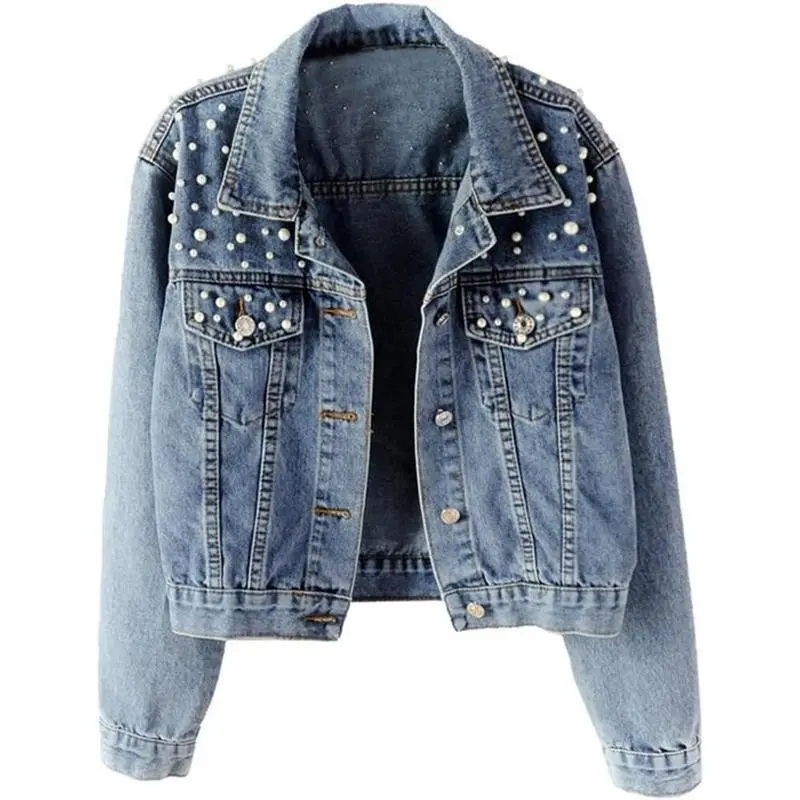 Women Oversized Denim Jacket Embroidered Pearls Beading Jeans Coat