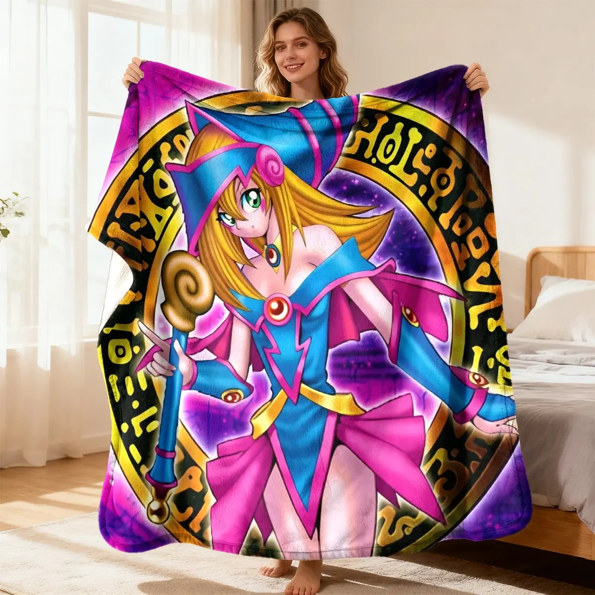 Yu-Gi-Oh!Central Giant Dark Magician Girl Golden Magic Circle Purple Galaxy Background Flannel Throw Blanket Classic TCG Anime Fan Soft Warm Blanket Gift for Teens Otaku Card Game Lovers All Ages