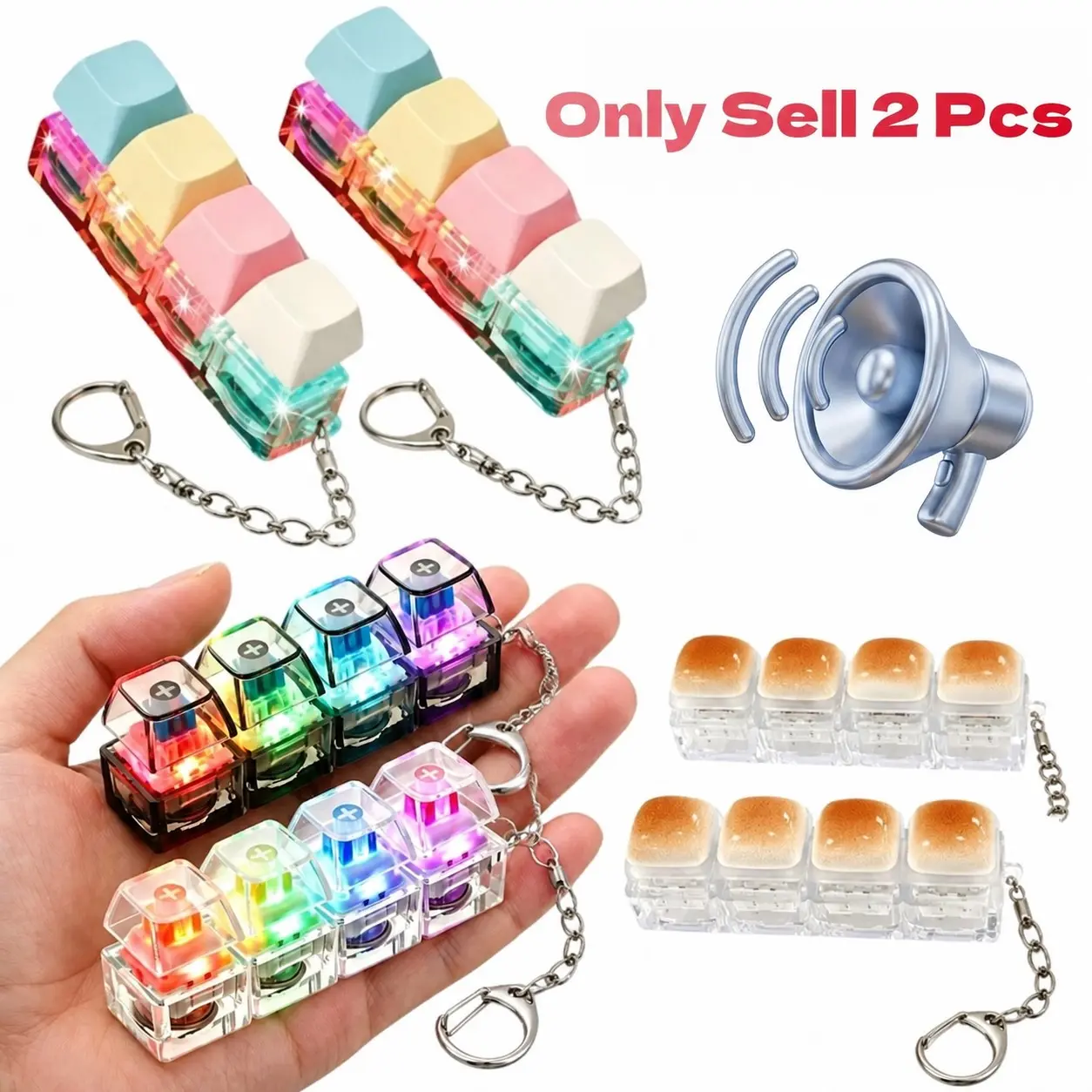 2 Pcs 4-in-1 Keyboard Light-Up Keys Adult Fidget Clicker Toy with LED Light, Silent and Loud Keyboard Fidget Keychain Cube, Multi Function Keychain, Mechanical Key Button Clicker Stress-Relief Gift for Office, Car and Home Pass Time