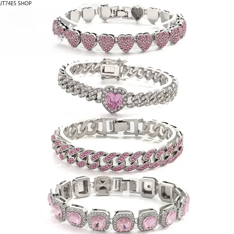 Women's 7-in Cuban Link Bracelet, Pink Hip Hop Alloy with Dazzling Glow Effect, Full Synthetic Rhinestones, Deformation-Resistant Casual Trendy Jewelry for Daily Wear & Parties, Gift for Friends, Fashion Modern Accessories