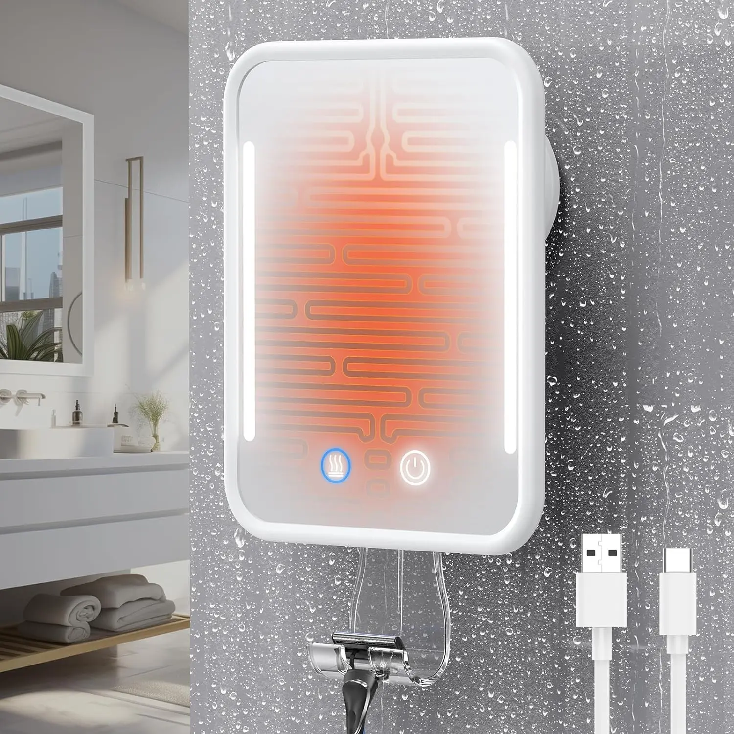 Rectangular Heated Shower Mirror with Heat Function, Fogless for Shaving, 5000mAh Rechargeable Battery, Detachable Suction Cup, Razor Holder, No-Drilling, Removable, Waterproof Bathroom Wall Accessory - White, Wall Mount