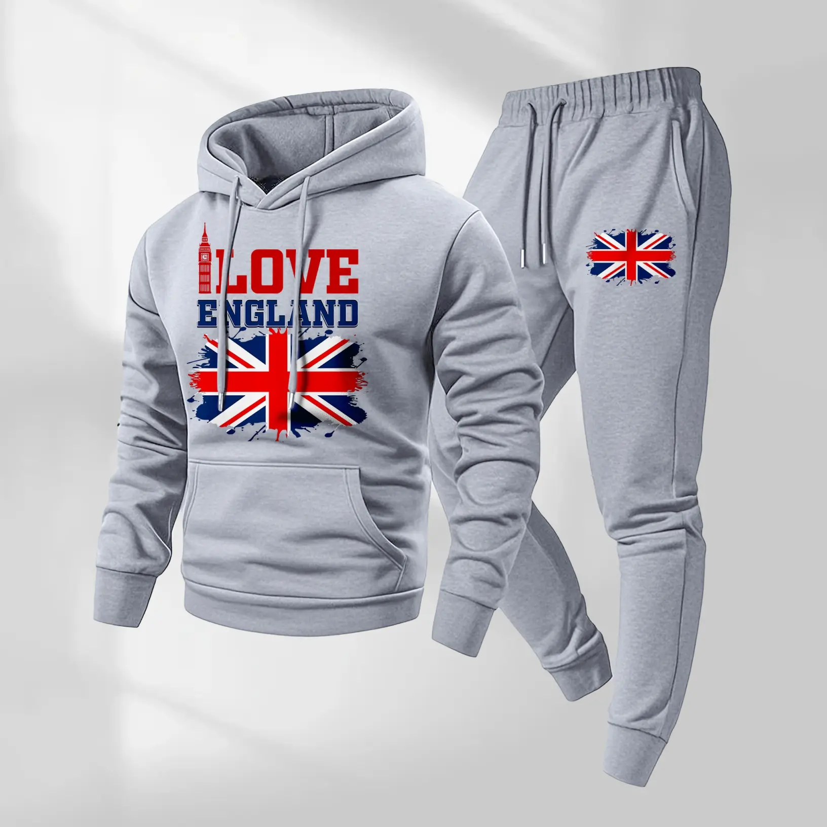 Men's 2-Piece Polyester Long Sleeve Casual UK Flag Hoodie Sweatpants Set - Vintage Union Jack Graphic, Minimalist British Streetwear, Comfortable Menswear Clothes for Fall Winter Daily & Outdoor Use