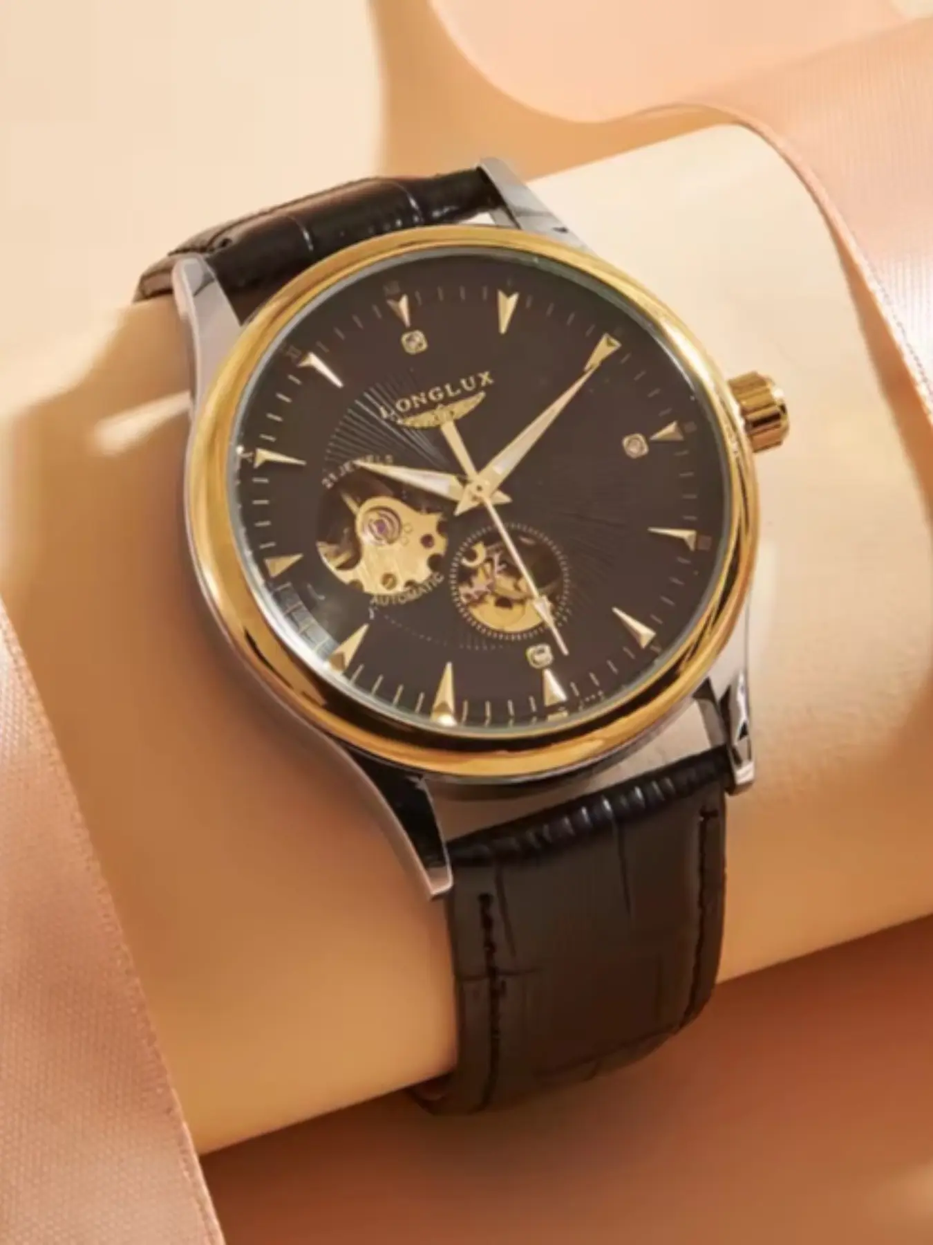 Trendy Men's Hollow Out Automatic Mechanical Watch, Transparent Movement, Waterproof Night Glow, Casual Leather Strap, Affordable Luxury