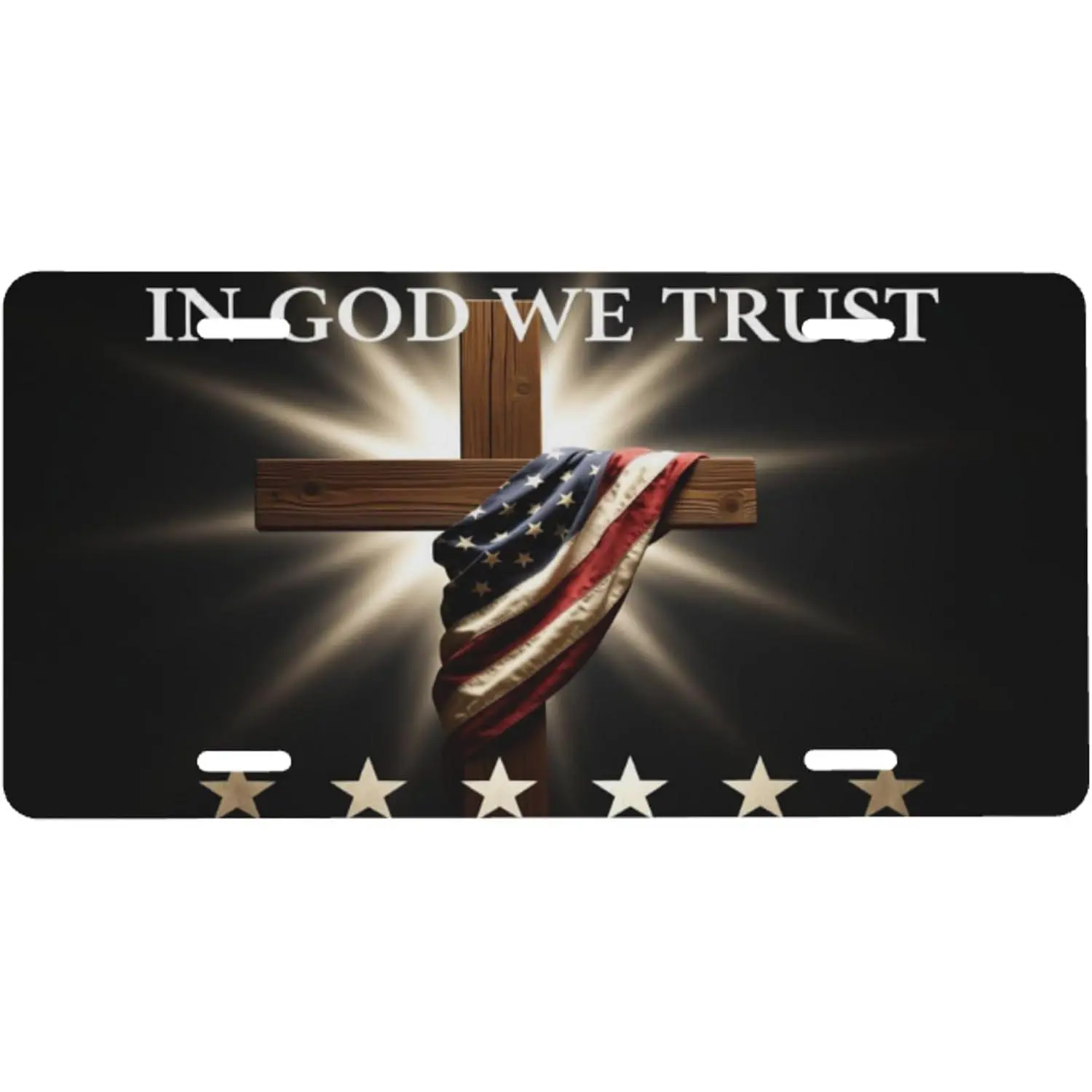 6x12 In God We Trust Wooden Cross Front License Plate - Patriotic American Flag Vanity Tag for Him, Her, Dad, Grandpa, Pastor's Car, Truck, SUV - Rustic Aluminum Metal Cover with 4 Holes