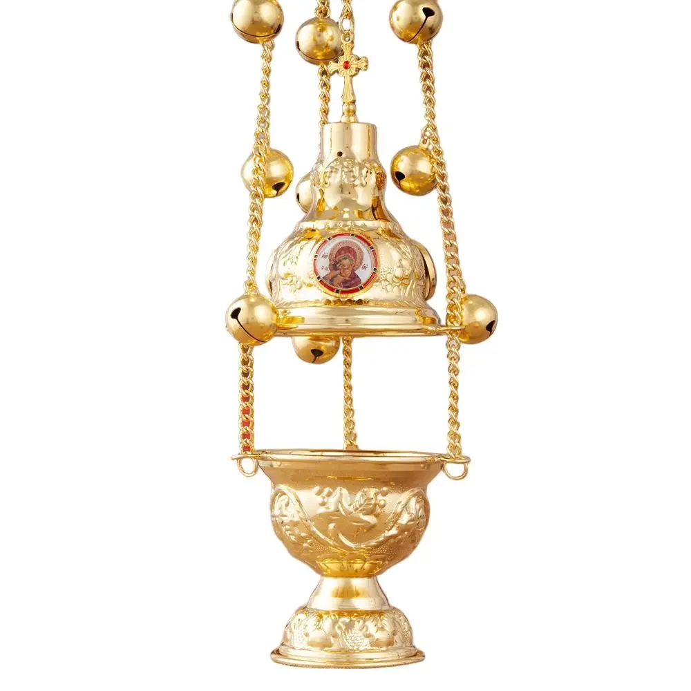 Orthodox Church Hanging Incense Burner Gold Plated Religious Censer with Bells, Chain Cross Icon Detachable Bowl, Orthodox Craft Home Chapel Altar Decor Religious Decorations Gift Box