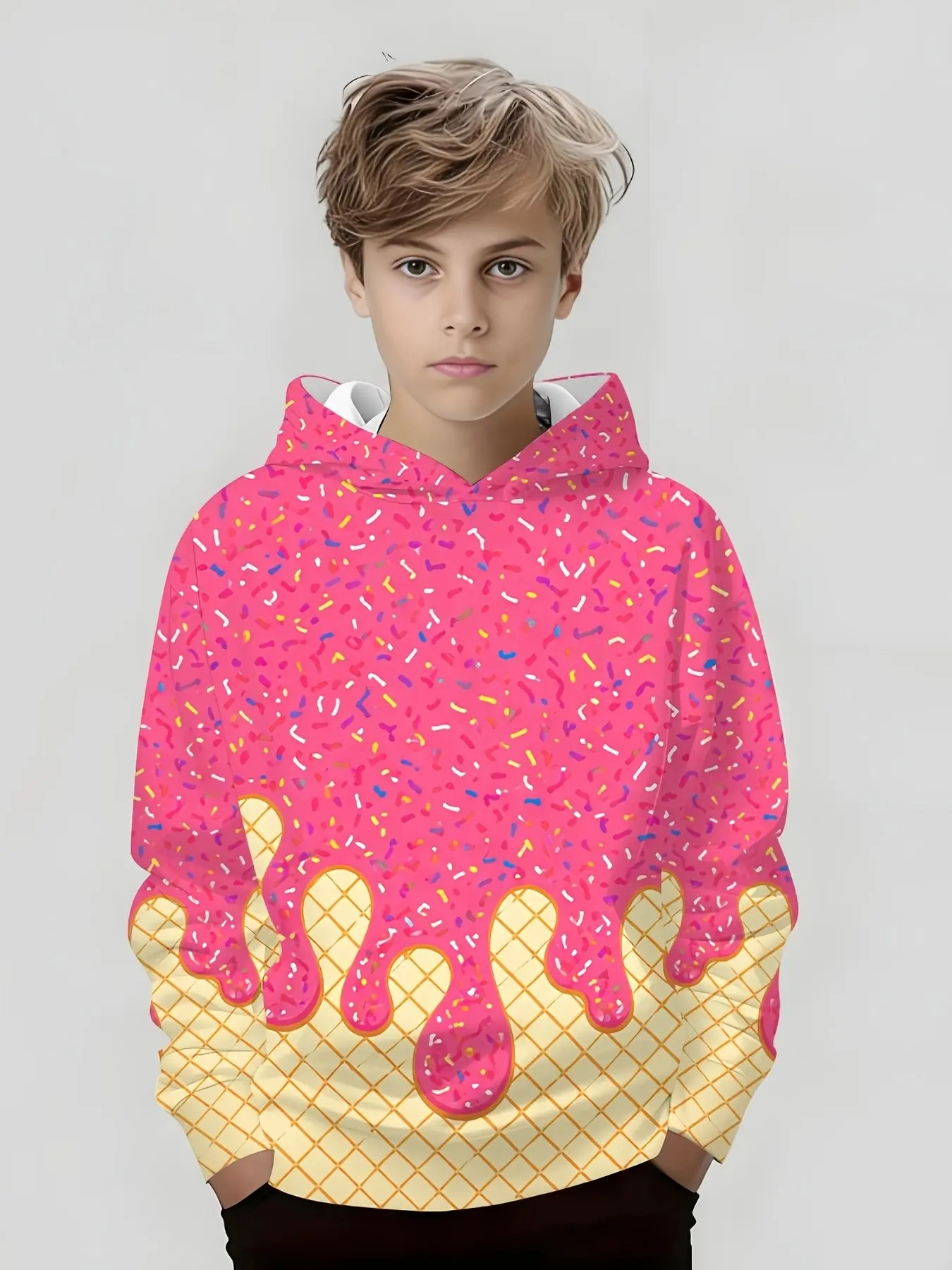 5 Kids Hoodies, Sweet Cool Ice Cream Donut Print Graphic Casual Hoodie Pullover, Unisex Daily Wear, Casual Street Style Long Sleeve Tops for Children