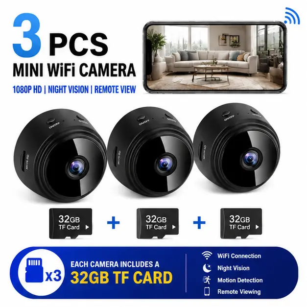 3-Pack A9 32g Smart Security Cameras, 2.4 GHz Wi‑Fi, 1080p HD, Indoor/Outdoor Wireless Surveillance System for Home and Office, Portable Connectivity