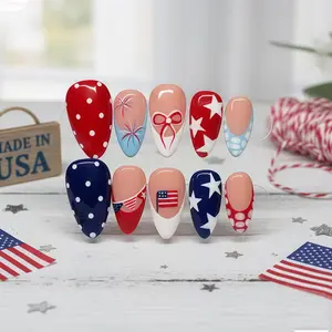 24Pcs Press On Nails Medium Almond Red White Blue US Flag Fireworks Star Polka Dot Bow Fake Nails Patriotic Nails 4th Of July Independence Day Party