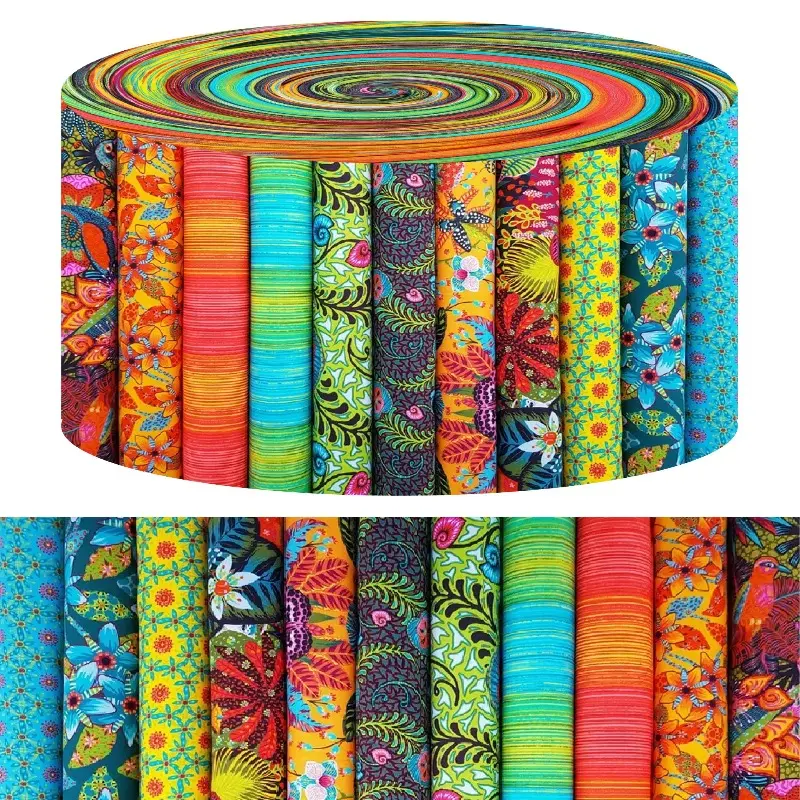 40Pcs Precut Tropical Plant Fabric Strips - Botanical Leaf Patterns, 2.55x19.7in Polyester-Cotton Rolls, Hand Wash Only, for DIY Sewing, Creative Crafts, Crochet, Glam Projects