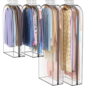 Clear Garment Bag for Hanging Clothes 10" Gusseted, 40&60" Suit Bags for Open Closet Storage Plastic Clothes Cover for Coat, Dress, Shirts, Fur, Jacket, Wardrobe Protectors, 4 Pack