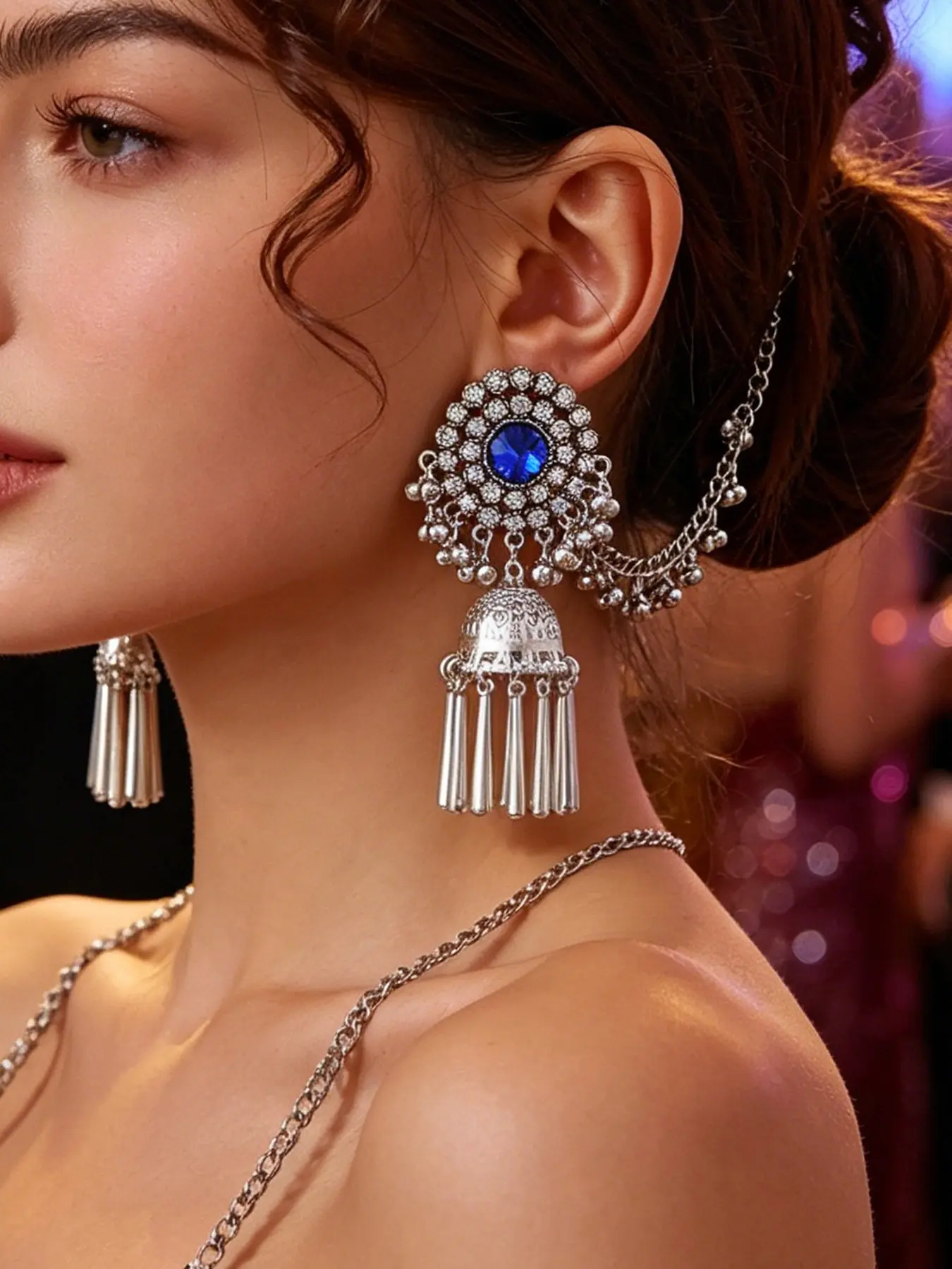 Indian Jhumka Earrings with Hair Chain for Women, Vintage Silver Royal Blue Crystal Bollywood Earrings, Boho Gypsy Tribal Bell Metallic Rod Tassel Bahubali Jewelry Pack (1 Pair)