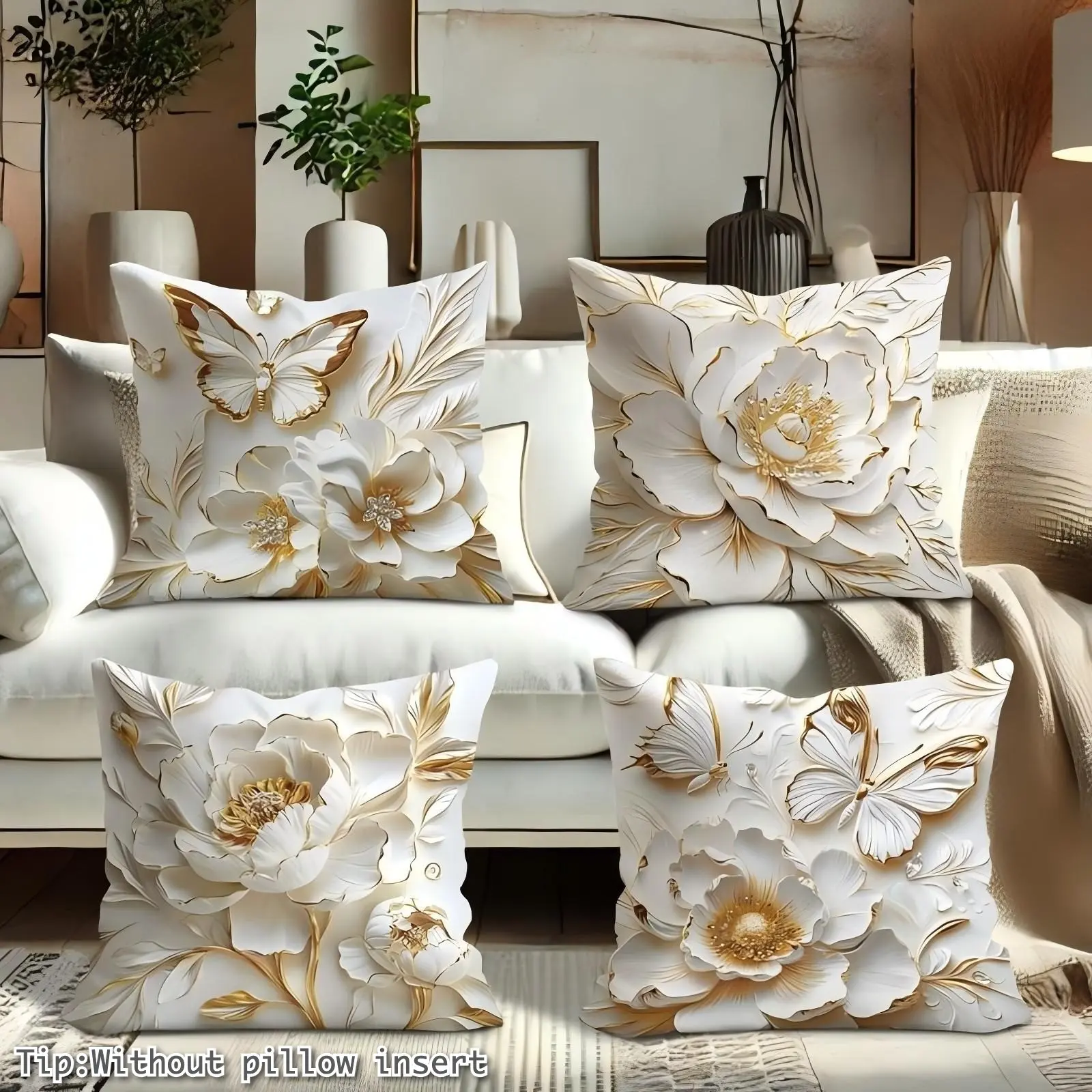 4 Piece Set 2D Floral Butterfly Pillow Covers, Modern Soft Decorative Pillows, Single-Sided Print for Living Room Bedroom, Bedroom Decorative Accessories