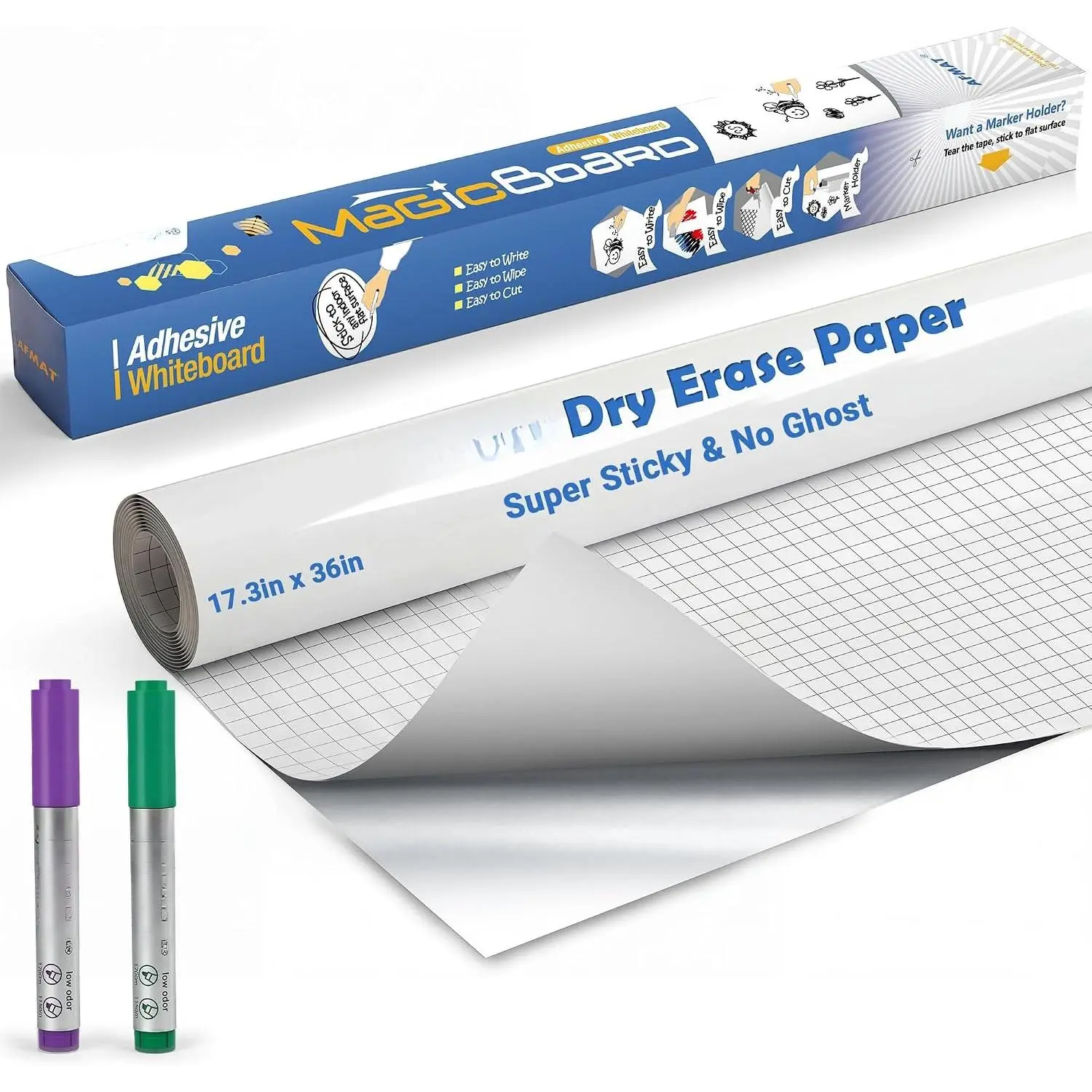 White Board Dry Erase Paper, 36" x 17.3" Whiteboard Wallpaper, with 2 Markers, Stain-Proof & Super Sticky, No  After 60 Days, Peel and Stick Dry Erase Board Paper Roll for Wall//Office