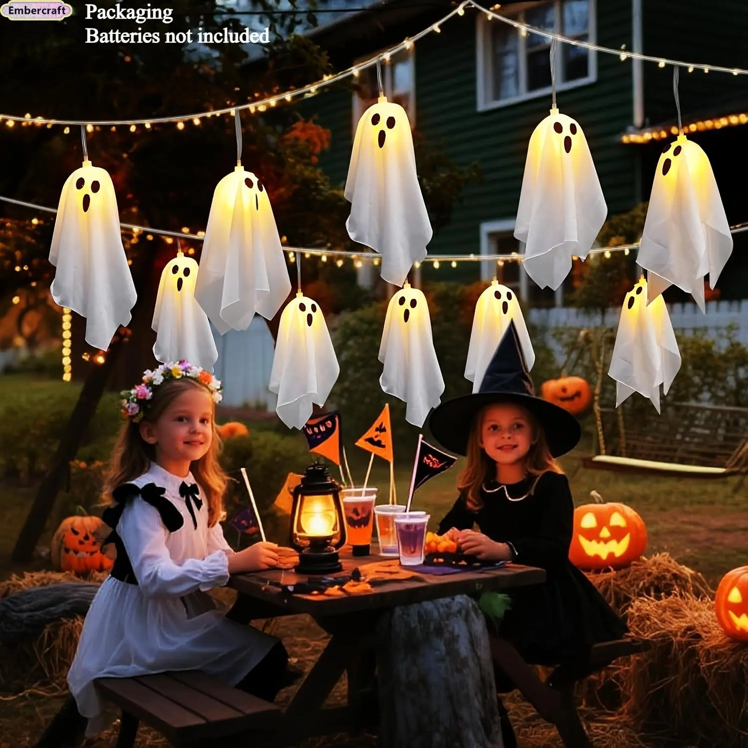 Viral Halloween Ghost LED String Lights, 10-LED Spooky Hanging Ornaments with Remote Control, Battery-Operated (Batteries Not Included), Decoration for Indoor Room, Outdoor Porch, Halloween Must-Have, Led Lights