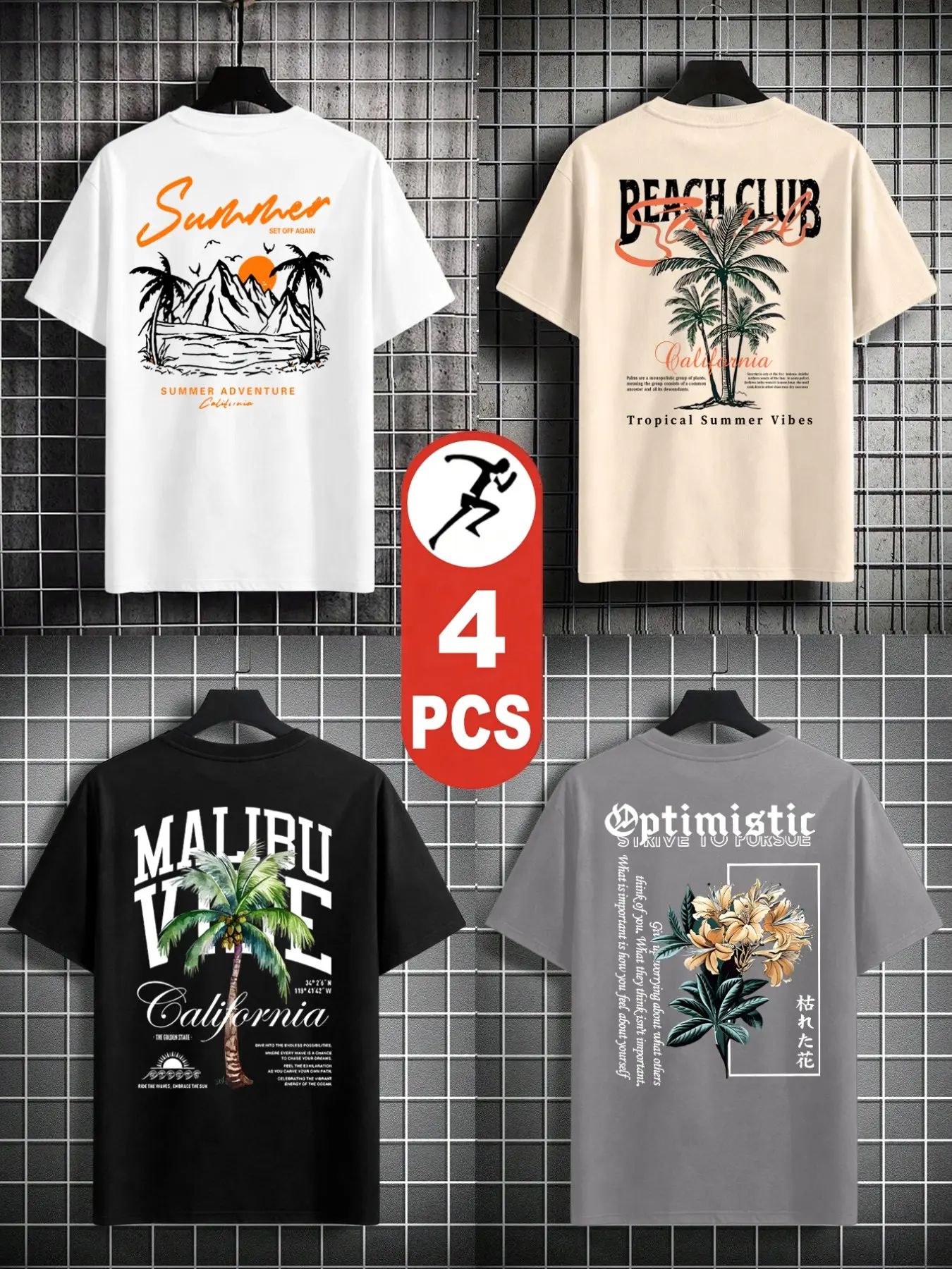4-Pack Men's Short Sleeve T-Shirts, Coconut Tree Print, California Vacation Style, Breathable Comfort, Loose Fit, Ideal for Home & Travel