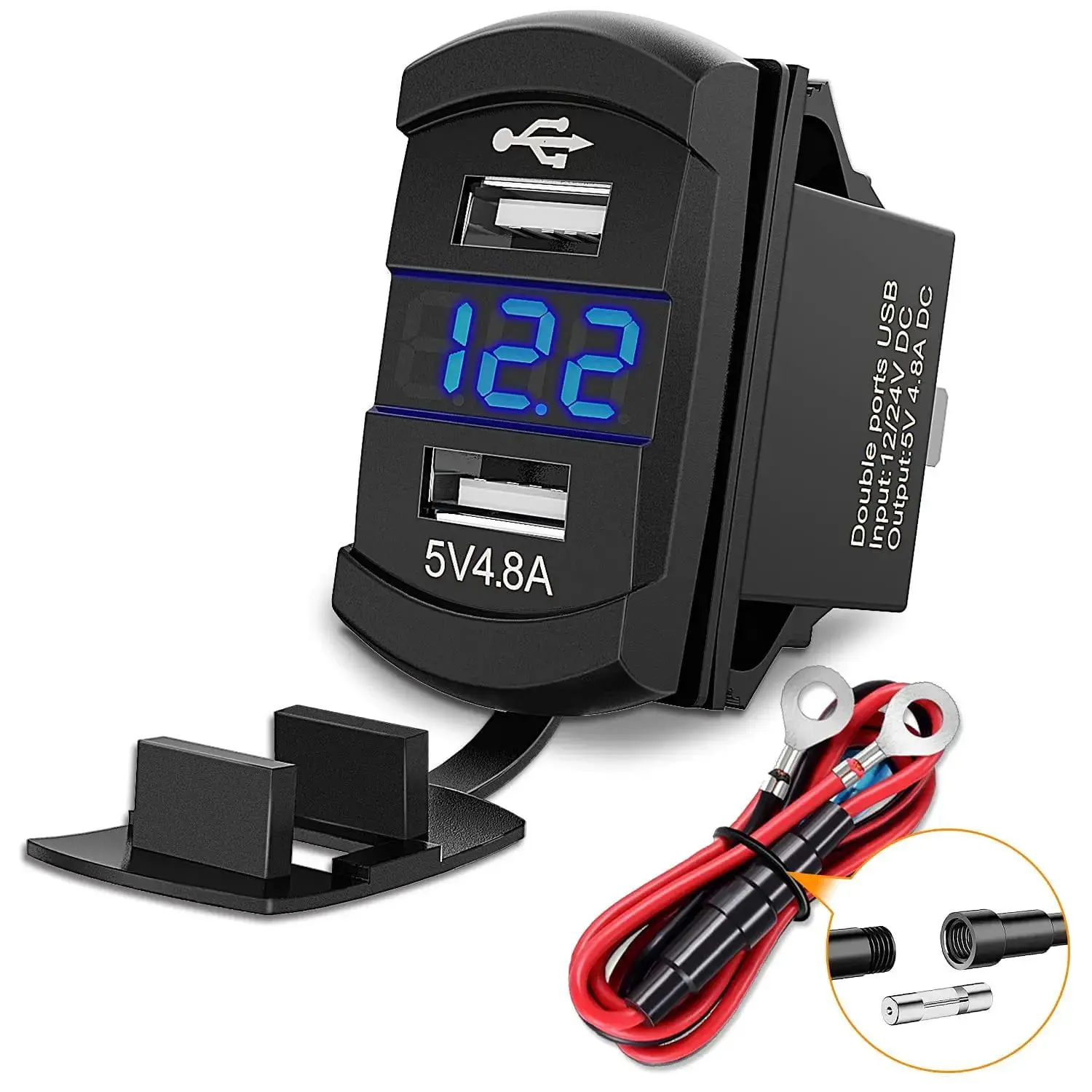 Nilight Rocker Switch Style Dual USB Port Charger with LED Voltmeter, Side-by-Side Design, Fast-Charging Function, Wiring Harness Included for Cars, Boats