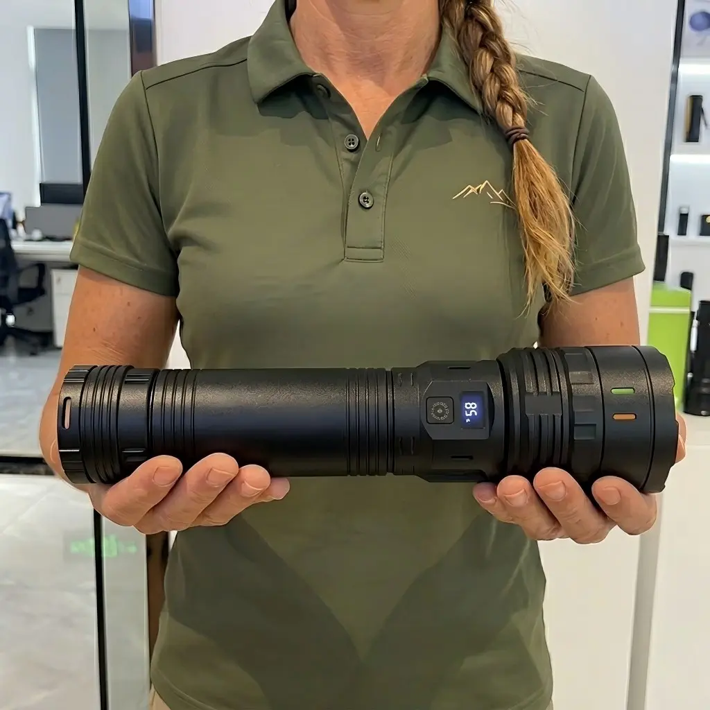 High-Lumen LED Flashlight with Shoulder Strap, Digital Display, USB Charging, Ideal for Camping, Farm Inspection, Fishing, Hunting