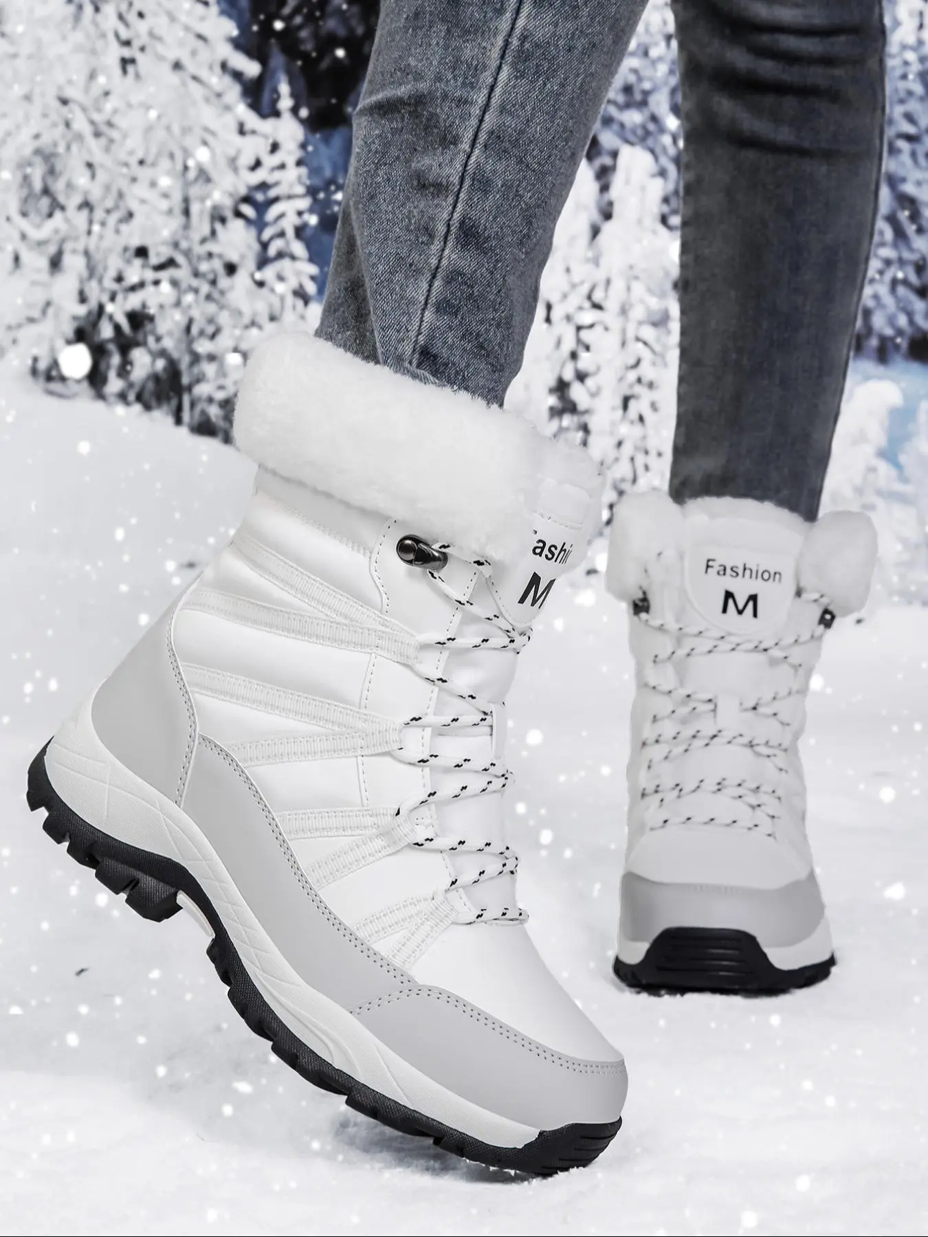 Women's Warm Faux Fur Collar Snow Boots, Lace-Up Mid-Calf Winter Boots, Slip Resistant Hiking Trekking Boots Suitable for Outdoor Sports & Daily Commute