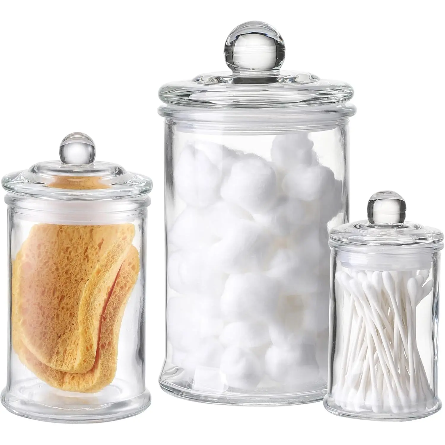 Transparent Glass Apothecary Jars with Lids - 3-Piece Household Bathroom Storage Containers, Decorative Vanity Organizer for Cotton Balls, Swabs & Accessories