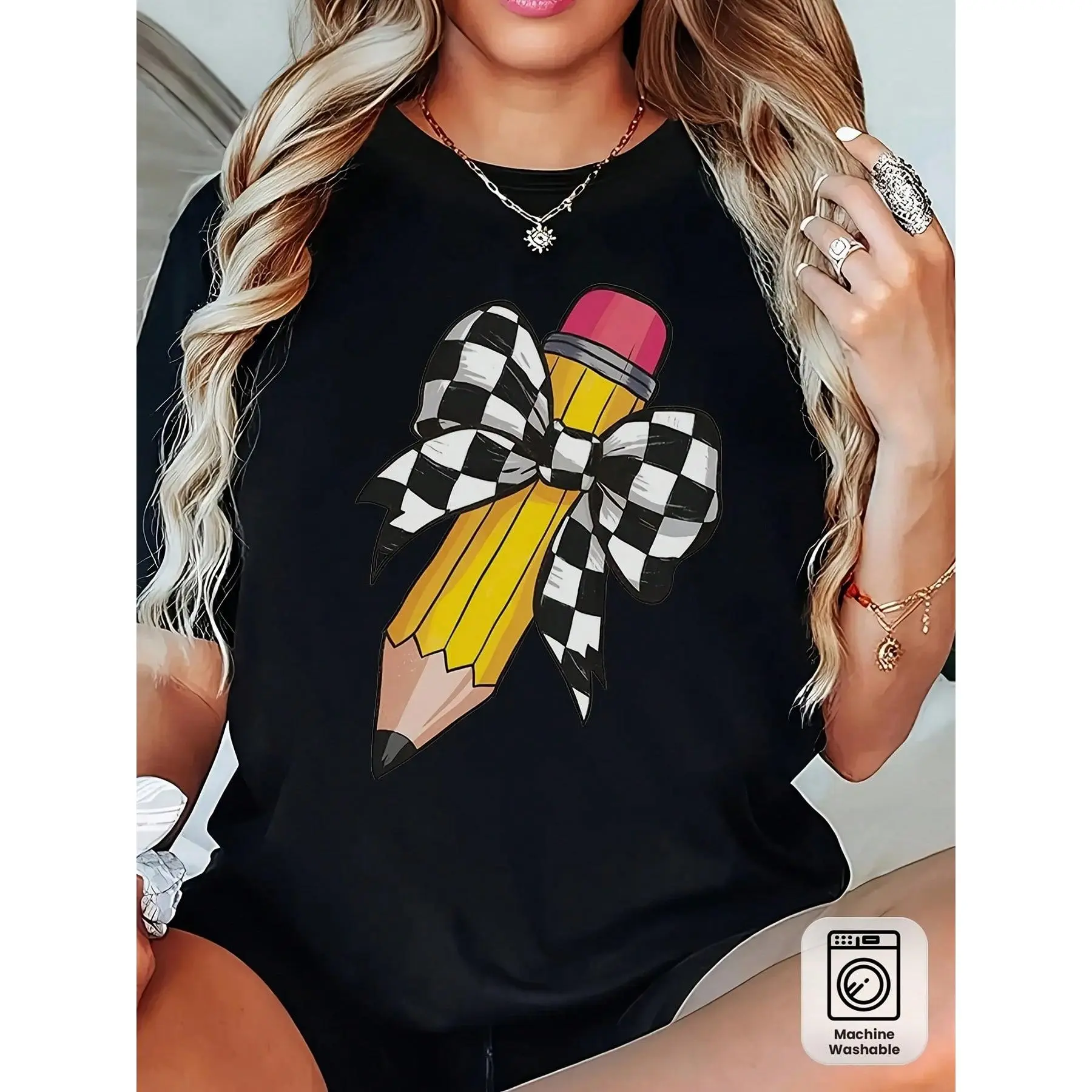 Women's Teacher Sports Top, 100% Cotton Fabric, Breathable Soft Crew Neck Short-Sleeve Shirt, Plaid/Pencil All-Over Print, Regular Fit, Machine Washable Christmas Gift for Daily Casual Wear