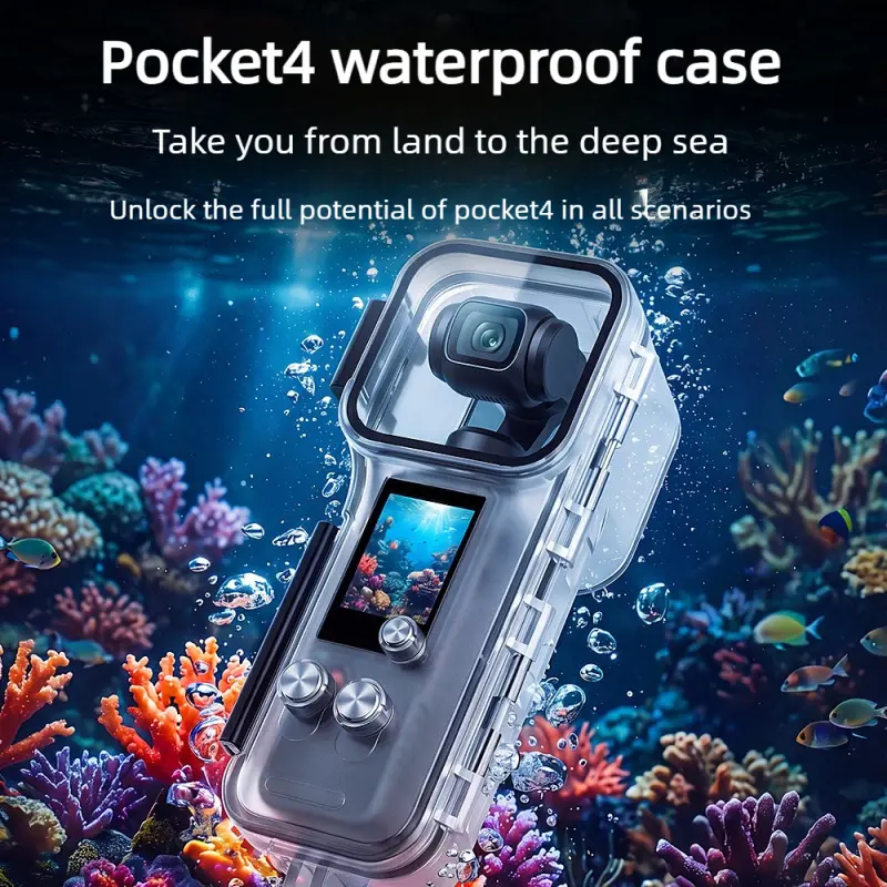 IPX8 Certified 50M Deep Diving Waterproof Housing Case for DJI Osmo Pocket 4, Anti-Fog Scratch Resistant Clear Protective Cover with Stainless Steel Buttons, Shockproof Dustproof Freeze-Resistant Camera Shell for Underwater Snorkeling, Beach Skiing Outdoo