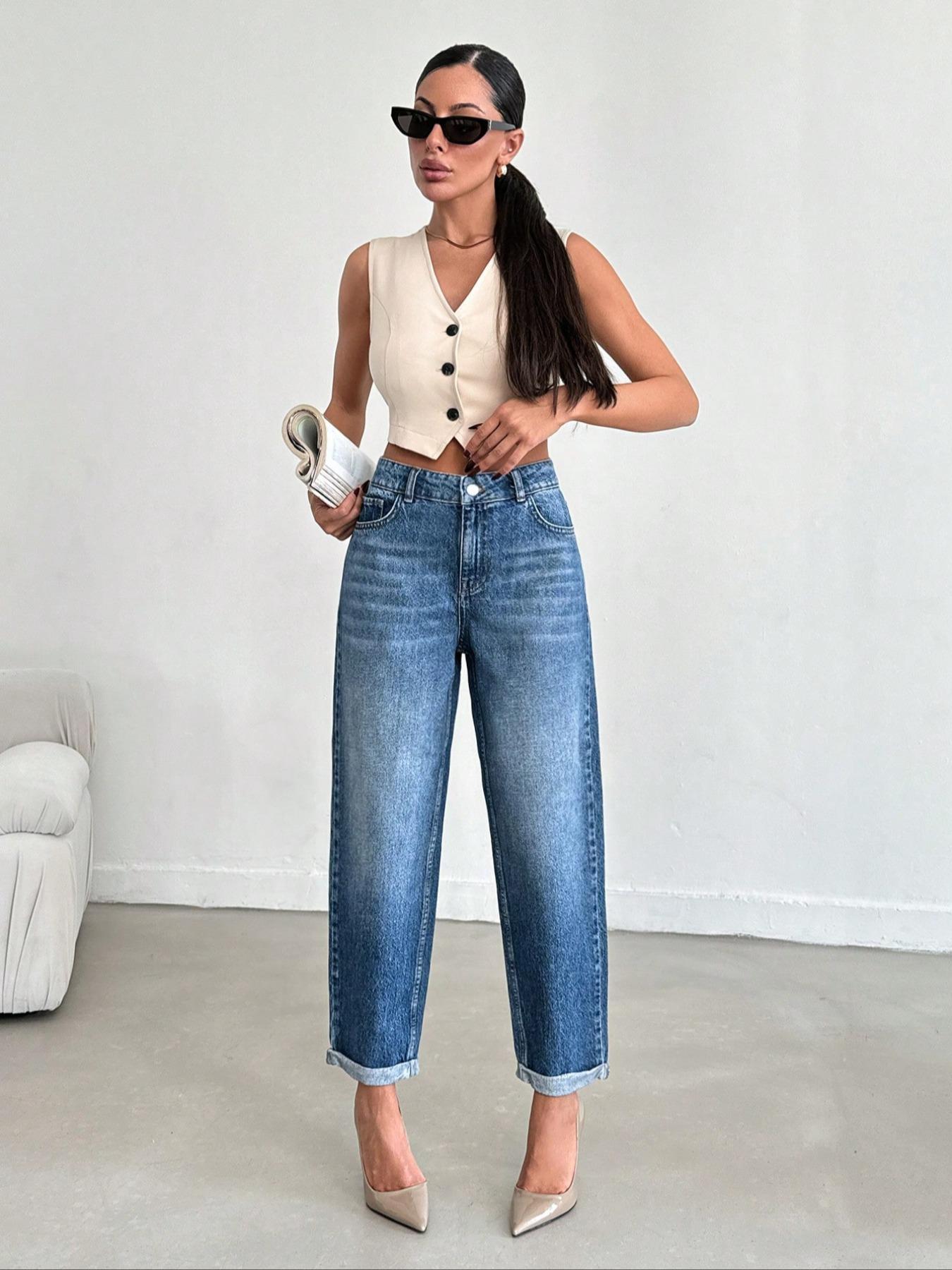 OBLue Jeans Retro High Waist Straight Leg Jeans for Women, Loose Fit with Rolled Hem for Slim Look and Style, High Waisted Denim