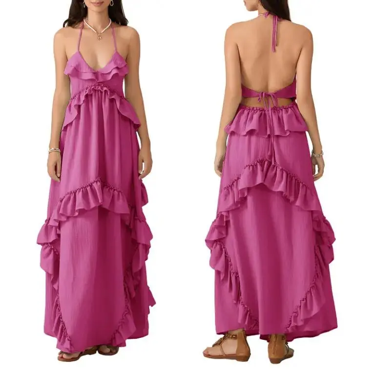 Ocean Style Halter Neck Ruffle Maxi Dress, V Neck Tiered Flowy A-Line Dress, Backless Sleeveless Casual Dress for Summer Beach & Vacation