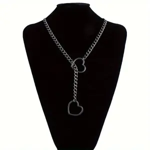 Heart Shaped Double Heart Metal Chain Lasso Necklace - Punk Gothic Style Sports & Outdoor Protective Accessory, Heart Shaped Necklace