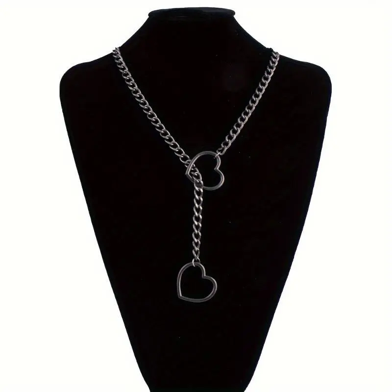Heart Shaped Double Heart Metal Chain Lasso Necklace - Punk Gothic Style Sports & Outdoor Protective Accessory, Heart Shaped Necklace