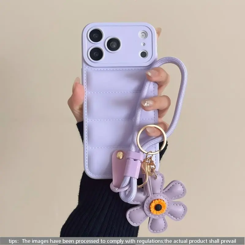 Luxury Down Phone Case with Stretchable Sunflower Bracelet, Full Coverage Anti-Scratch Shockproof Tpu Protection, Compatible with iPhone 17pro Max 16pro 15 14 13 12
