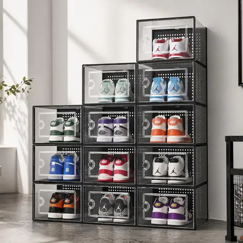 12-Pack ABS Plastic Stackable Drop-Front Shoe Storage Boxes, Adjustable Closet Organizer for Storage Organization, Customizable Display Holder for Clothes & Bedroom, Holds 10kg, Fits Women's Size 10, Black