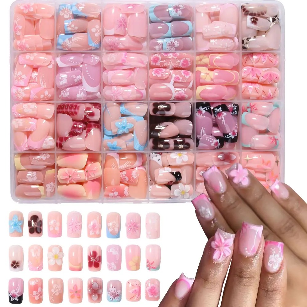 576Pcs Short Square French Press-On Nails, Polka Dot Patterns Acrylic False Nails Set, Home Nail Art Decorative Nails, Multiple Styles with 3D Gel Flowers, Peony & Leopard