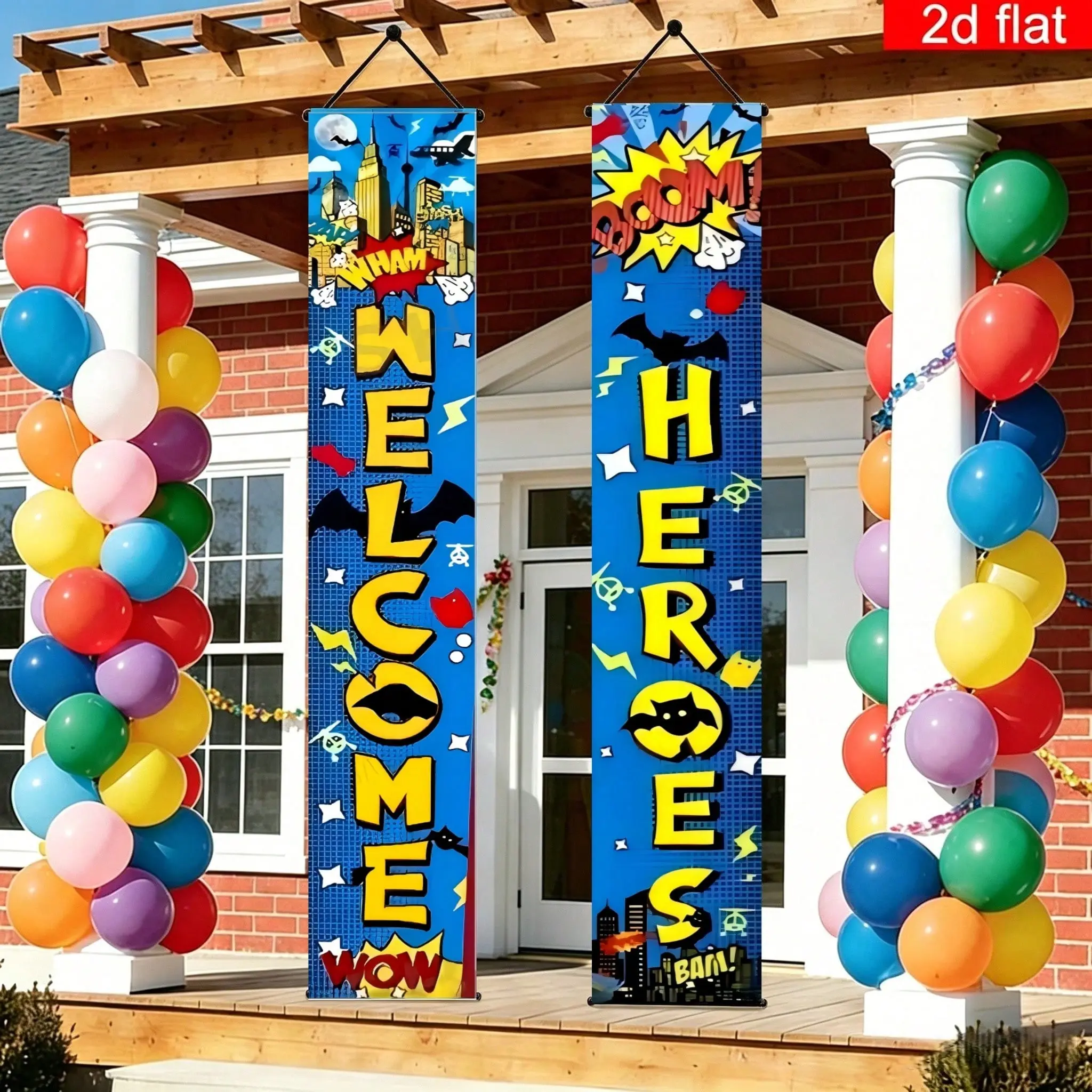 Superhero Party Banner Set, Hero Theme Wall Decor, Birthday Outdoor Event Props, Polyester Material, 2 Pieces, Home Garden Decoration