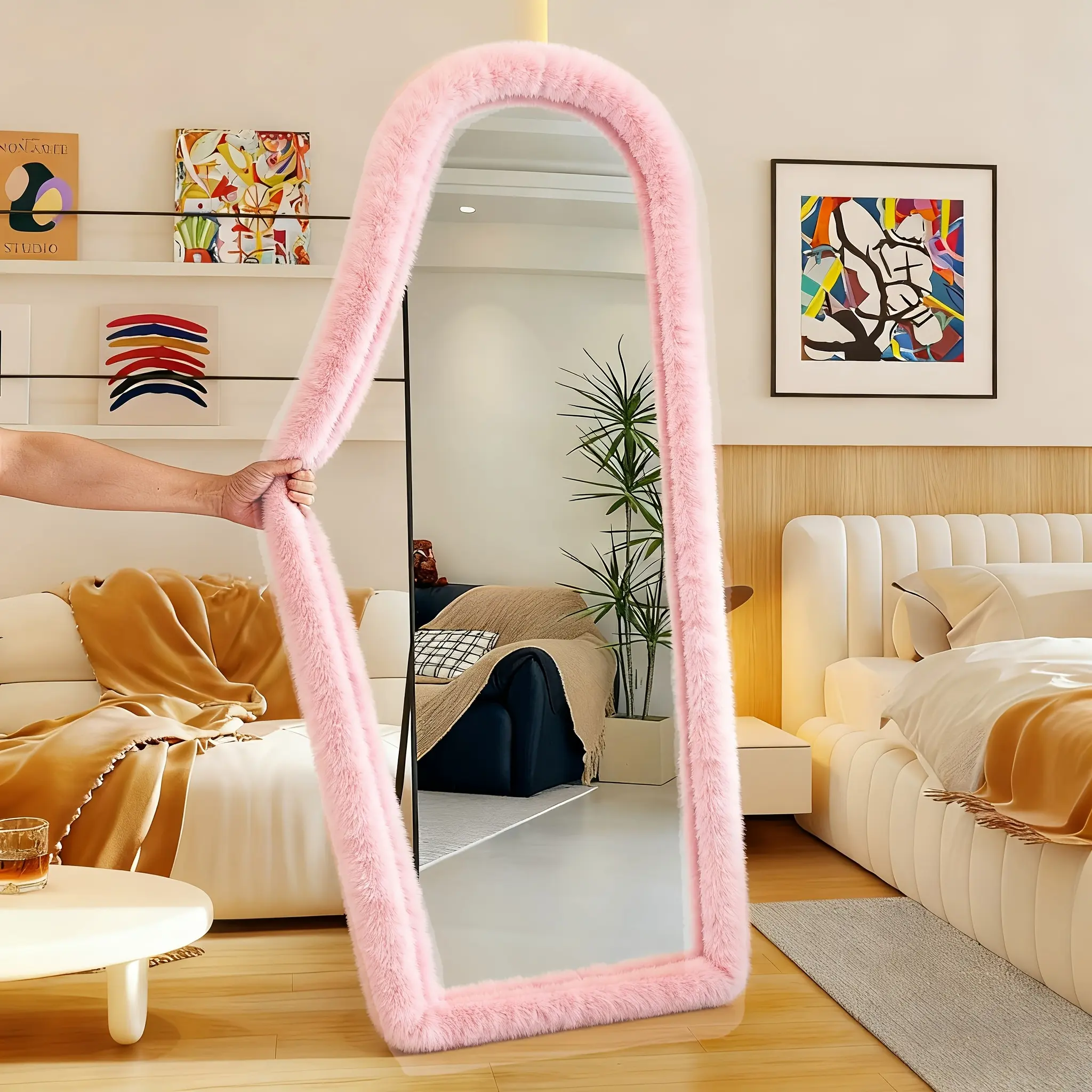 1-Pack Fluffy Mirror Cover, Mirror Accessory – For full-length, stretchable, ultra-soft, non-slip floor mirrors; unique shape; modern freestanding design; suitable for bedrooms, dressing rooms, and vanity areas – Available in 6 colors