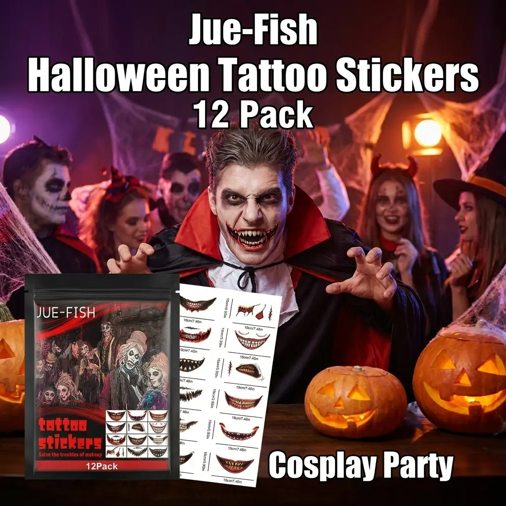 Halloween Temporary Adhesive Face Tattoos - Scary Mouth Illusion Stickers, Cartoon Horror Cosplay Party Makeup Accessories to Decorate Yourself for Festive Look (Single Item)
