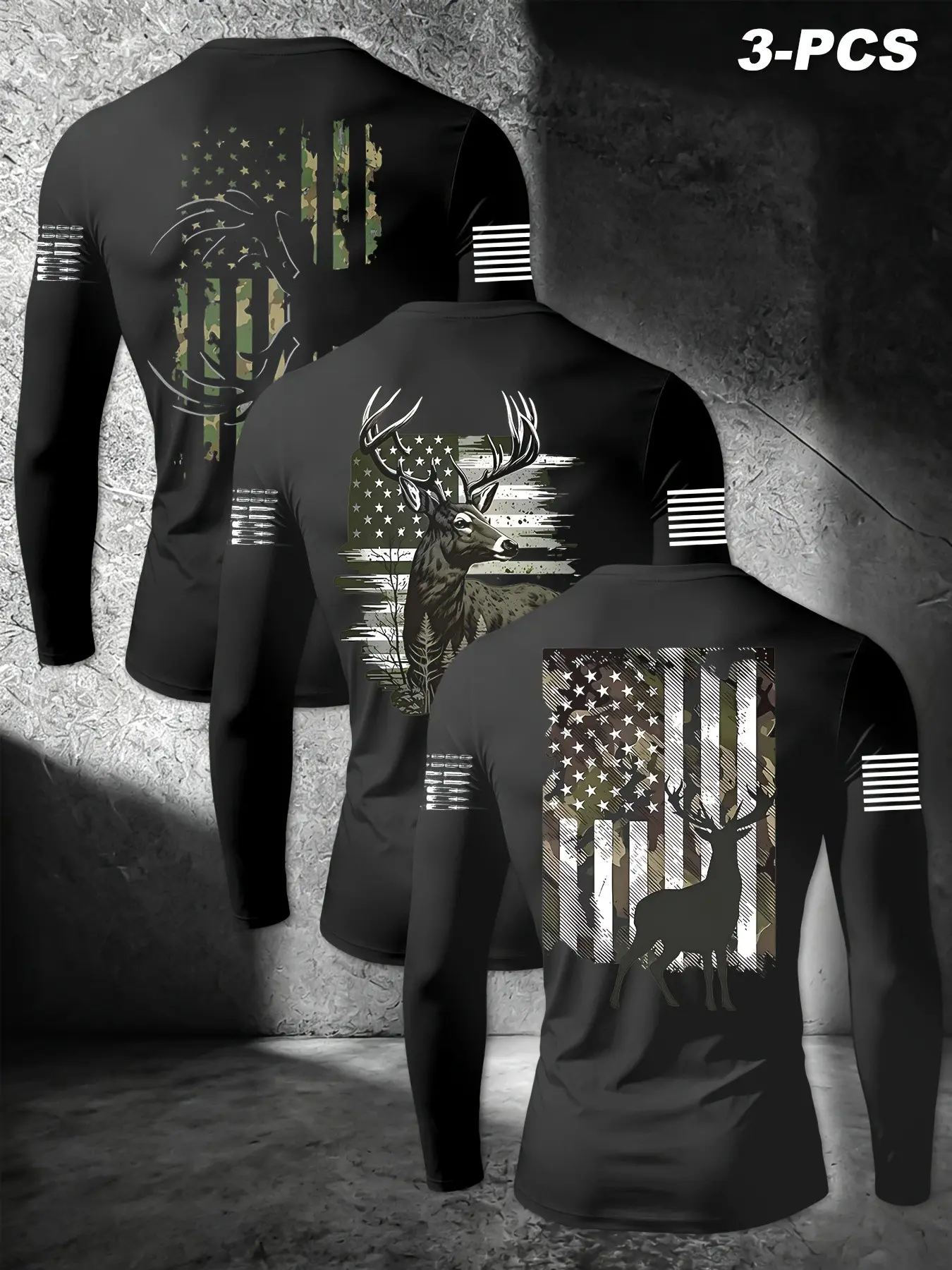3 PCS Men's Camo American Flag Buck Deer Hunting Graphic Compression Tees, Compression T Shirts, Long Sleeve Set, Wildlife Patriot Sleeve Flag Stretch Workout Base Layer For Outdoor Hunting