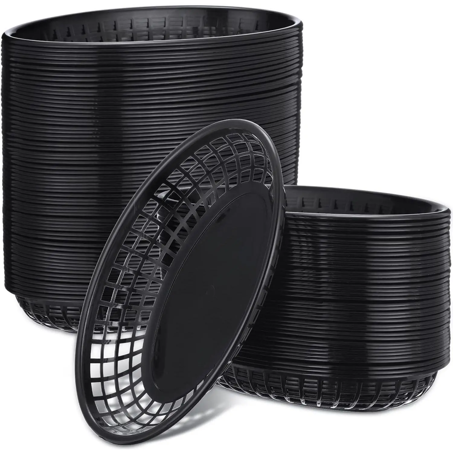 100 Pcs 8.9" x 5.5" Black Plastic Fast Food Baskets, Reusable Oval Serving Trays for Fries, Bread, Hot Dogs, Deli, Fried Chicken, Restaurant Supplie