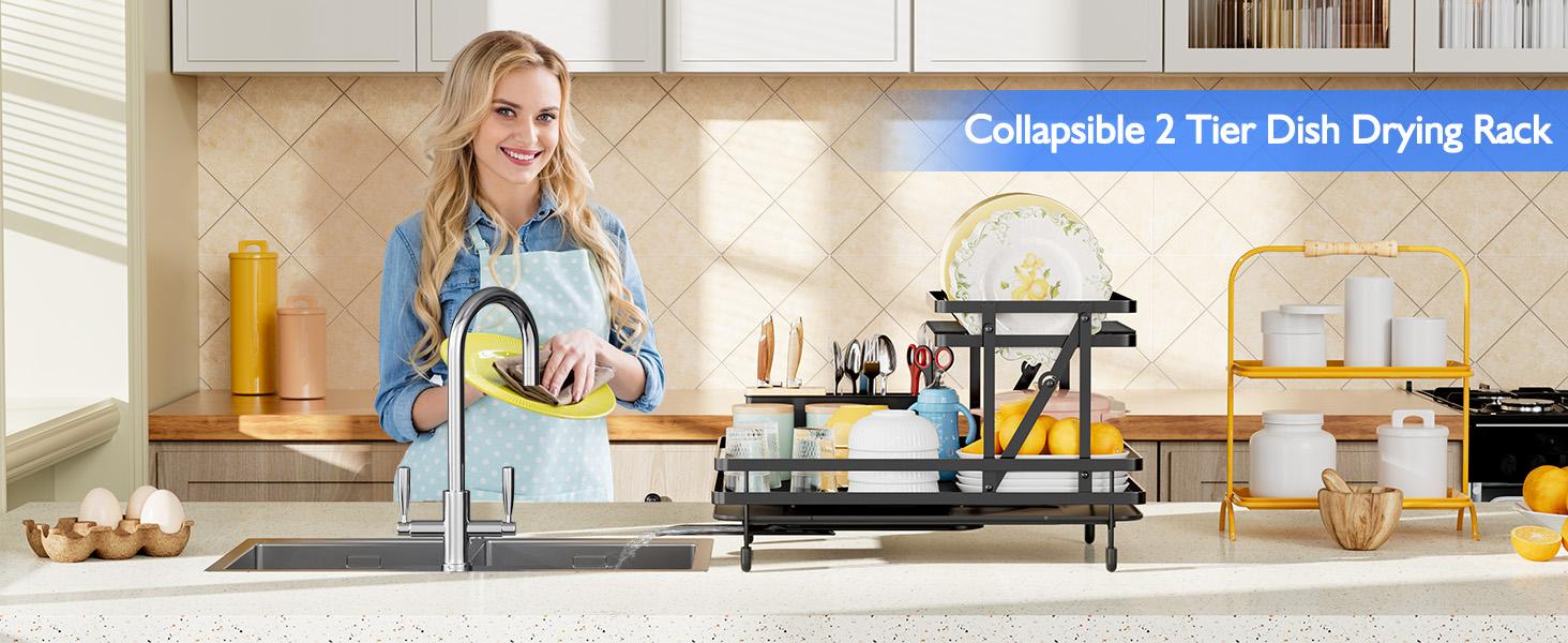 Dish Drying Rack, Collapsible Dish Racks for Kitchen Counter, 2 Tier Durable Dish Drainer with Utensil Holder-Kitchen Drying Rack