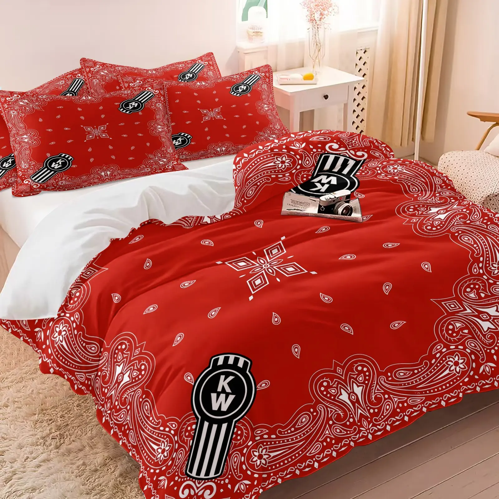 3PCS Red Bandana Kenworth Paisley Duvet Cover Set (1 Duvet Cover + 1-2 Pillowcases), Decorative Duvet Cover, Classic Red Paisley Truck Brand HD Digital Print, Soft Cozy Skin-Friendly All Seasons Bedding, Trucker Retro Bedroom Decor