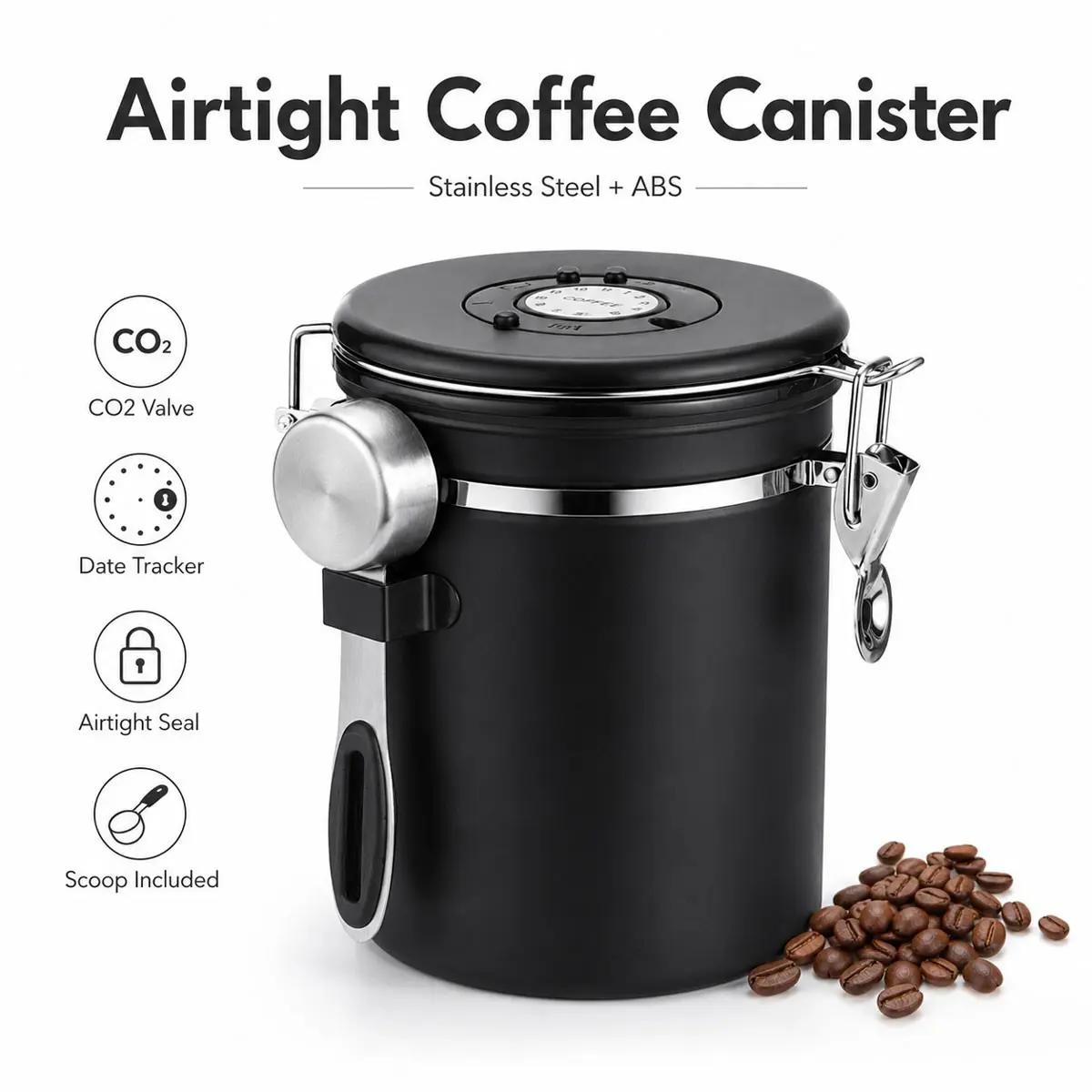 1.5L/1.8L Airtight Coffee Bean Storage, 1800ML High Capacity Coffee Container, Stainless Steel Coffee Canister with Measuring Spoon, Date Tracker CO2 valve/Sealing valve, Black Multi-Functional Kitchen Storage Jar, Coffee Jars, Coffee Storage Canisters