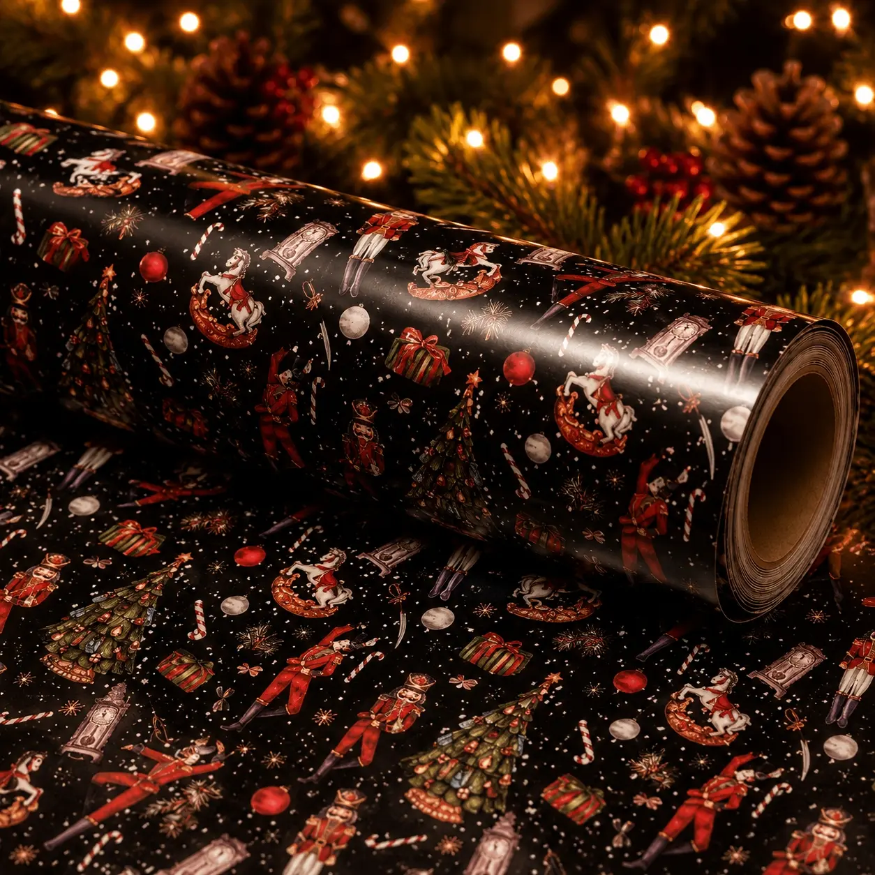 1 Roll Christmas Wrapping Paper, Vintage Black Santa Claus Gift Wrap, Nutcracker, Christmas Tree, Suitable for Christmas, Gift Wrapping Decoration, Winter Gift Wrapping Supplies, Gift Wrap, DIY Gift Wrapping, Halloween, Roll Size 43cm*300cm