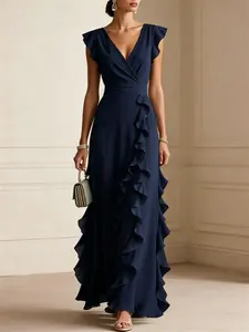 Women’s Elegant Maxi Dress, V Neck Ruffle Dress, Flutter Sleeve Wrap, Formal Long Dress, Wedding Guest Evening Party Gown