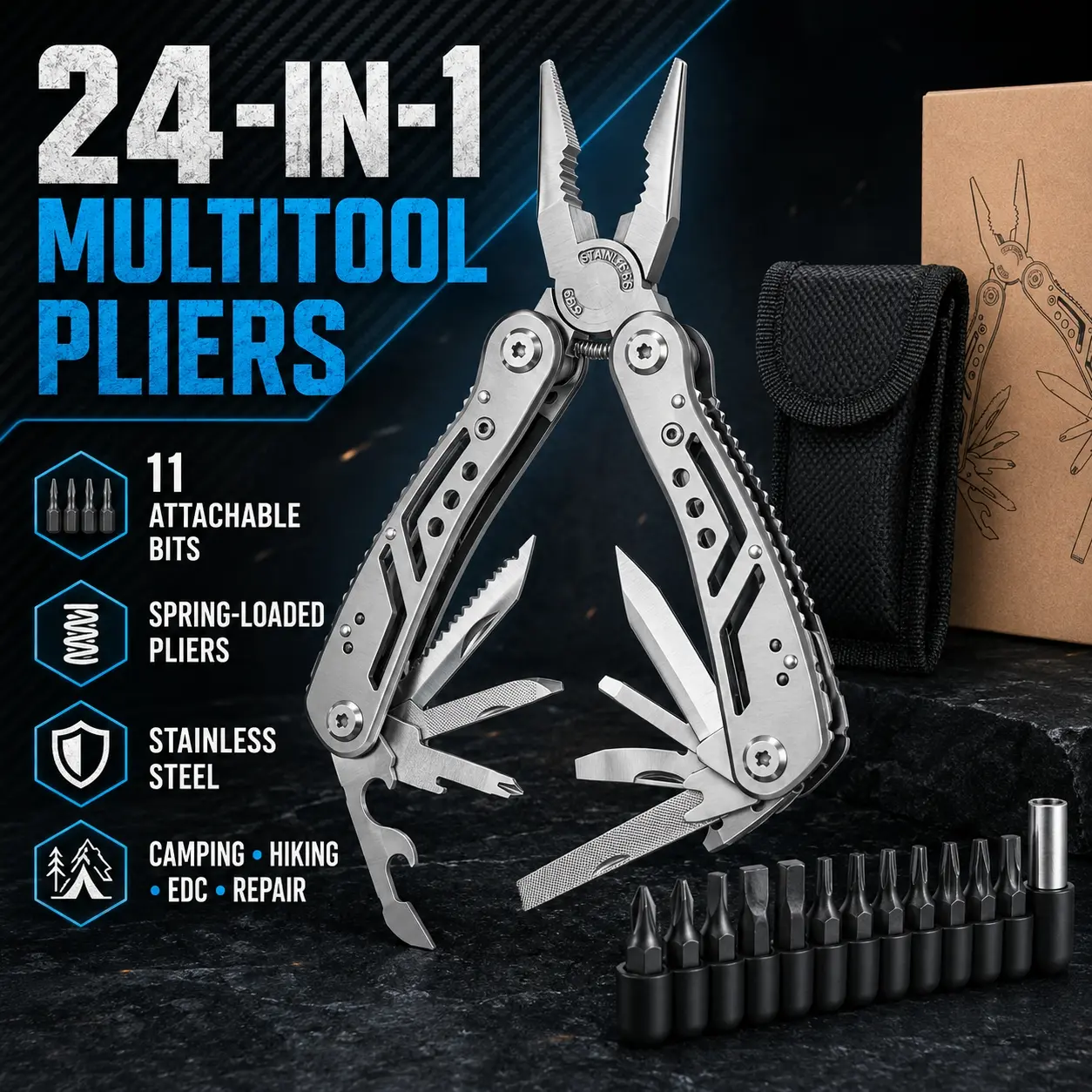 24-in-1 Multitool Pliers, Multifunctional Tool, Portable Stainless Steel Folding Pocket Tool with Knife, Wire Cutter, Bottle Opener, File, 11 Screwdriver Bits and Nylon Sheath for Camping, Hiking, EDC, Home Repair and Gifts for Dad & Husband