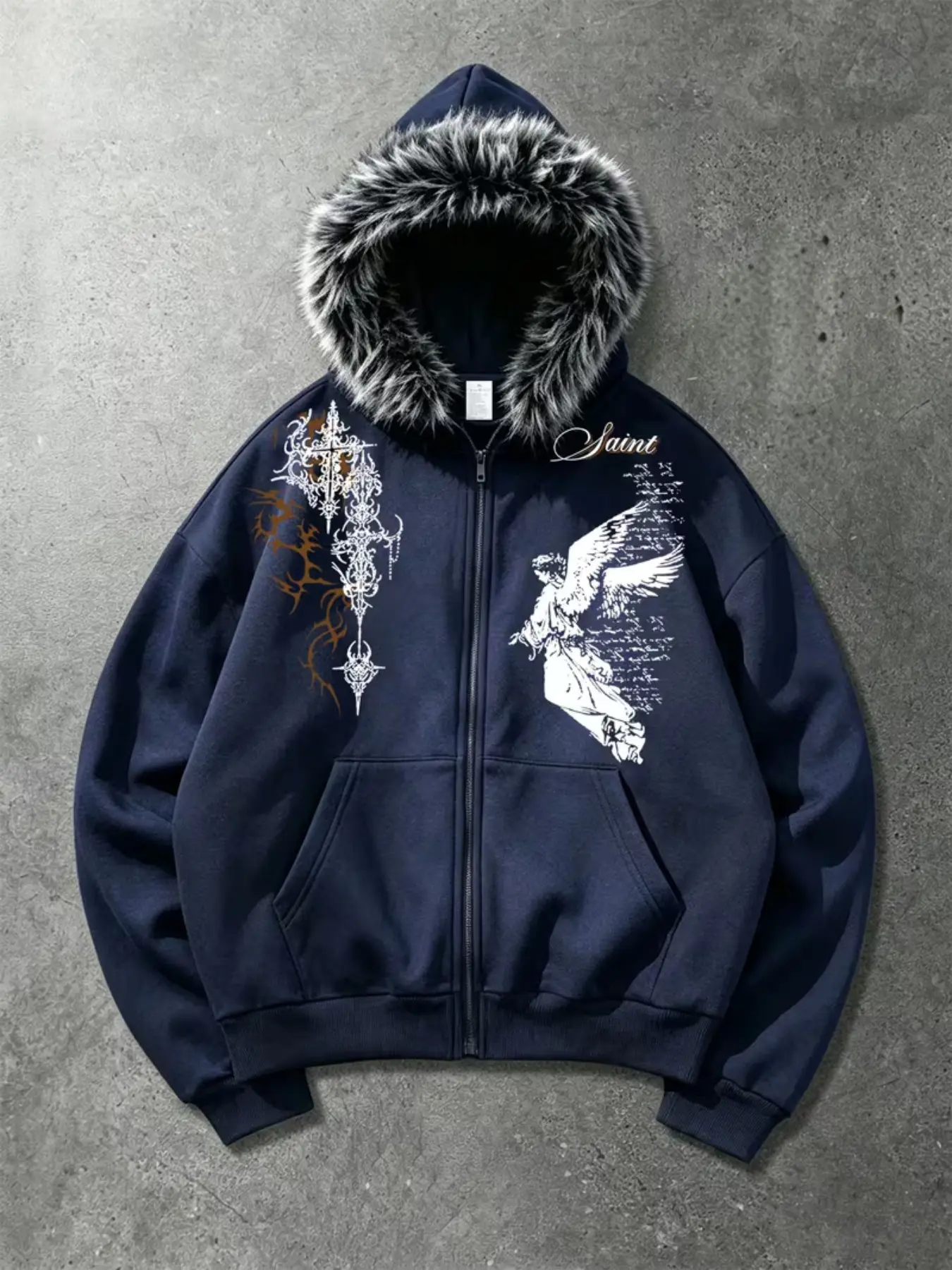 Men's Gothic Hooded Zipper Sweatshirt, Angel Cross Thorn Print, Loose-Fit Casual Street Style Outerwear, Fall Winter Fashion Jacket