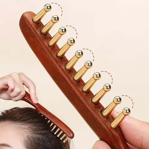 1/2 Counts Sandalwood Massage Comb with Wide Teeth Unblocks The Meridians of The Head The Brass Meridian Scalp and Hair Comb Head Meridians Massage Comb Copper Wood Meridians Comb Guasha Scalp Relax Tools Head Massagers
