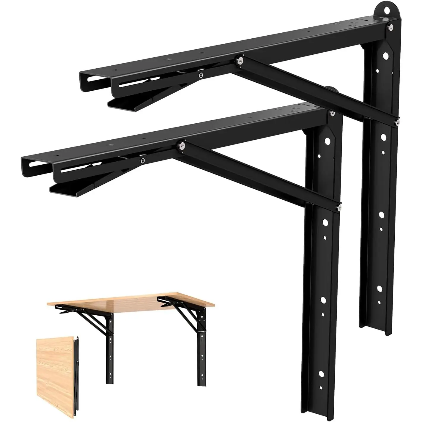 24” Folding Shelf Bracket, Heavy Duty Collapsible Shelf Bracket, Black | Wall Mounted L Table Bracket for Dinner Table, Garage Bench Table, Space Saving DIY Folding Bracket, Max Load 550LBS, 2 Pack