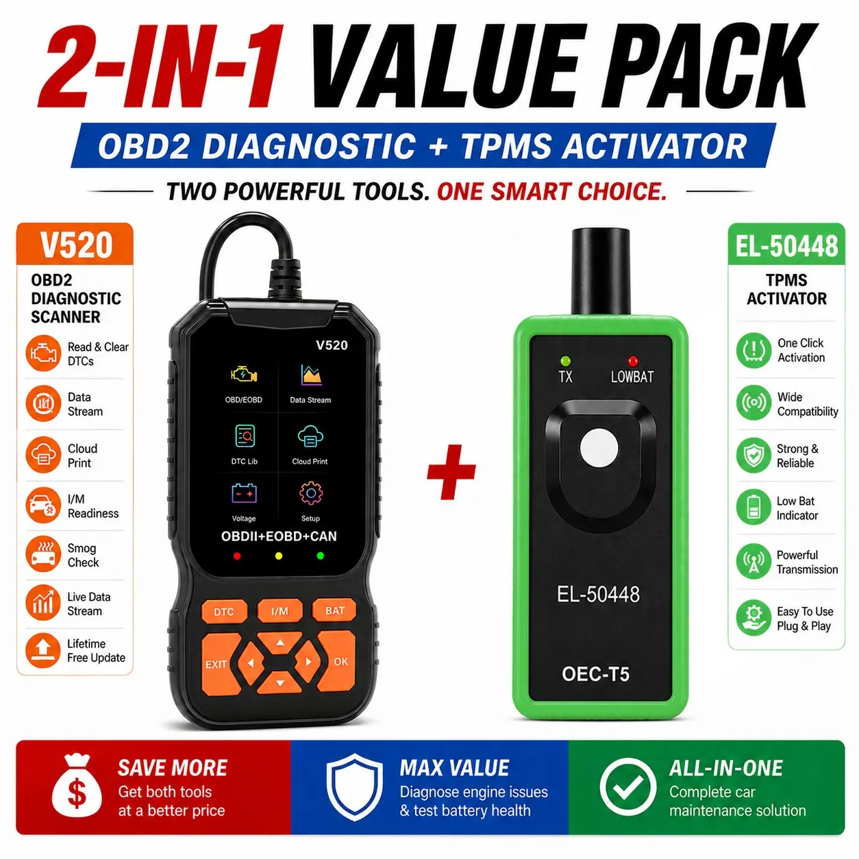 2-In-1 Car Diagnostic Kit V520, Obd2 Scanner, Tpms Reset Tool, Engine Fault Code Reader, Dtc Eraser, Live Data, Battery Voltage Tester