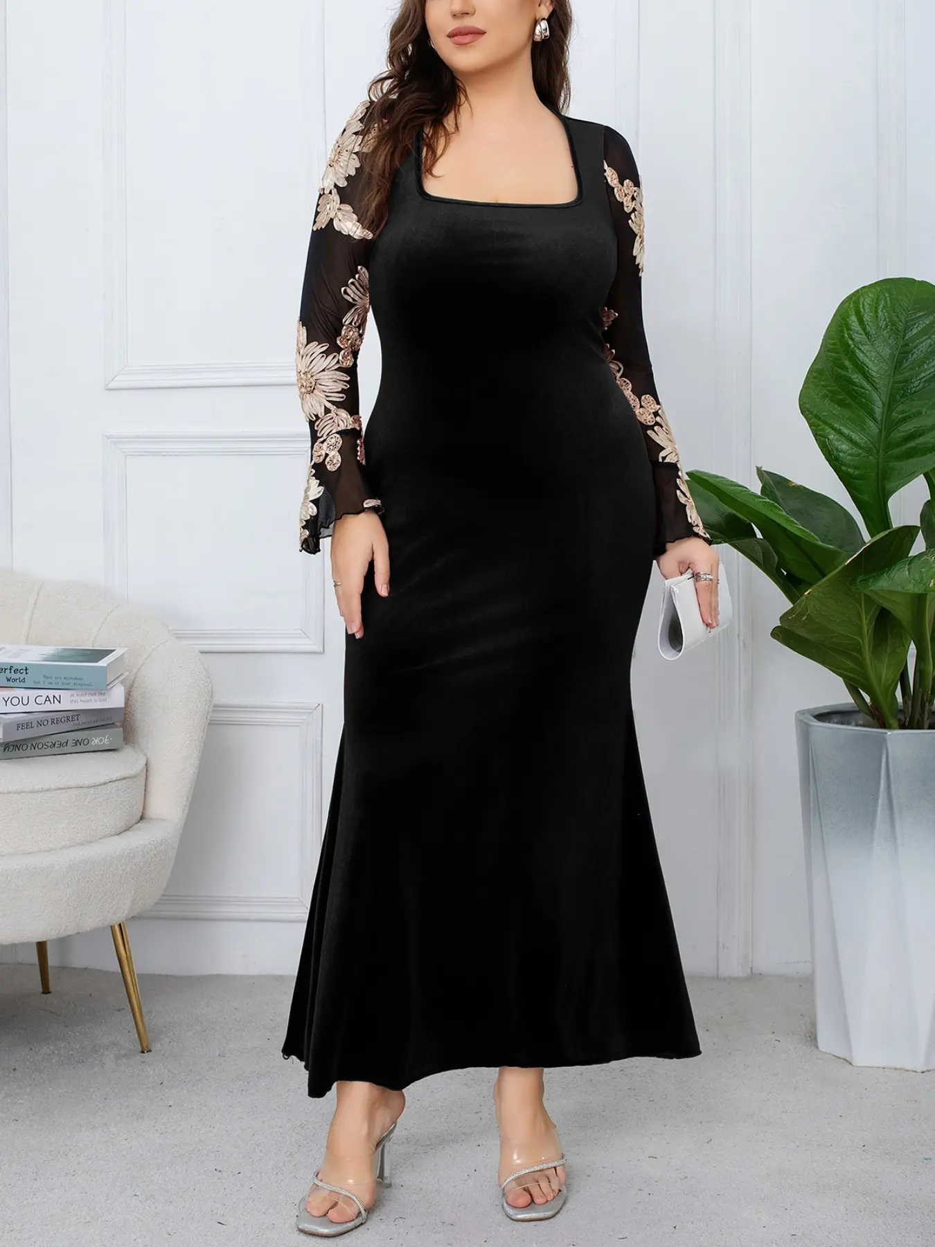 Autumn French Elegance Square Neck Velvet Tailored Dress, Rich Girl Style Party Gown, Casual Gatherings, Wedding Guests, Light Formal Occasions