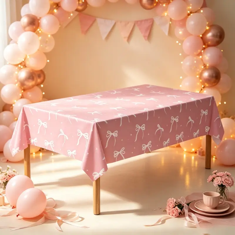 New Pink & Blue Bow Party Tablecloth, Bow Pattern Disposable Table Cover for Girls Boys Birthday Party Decorations